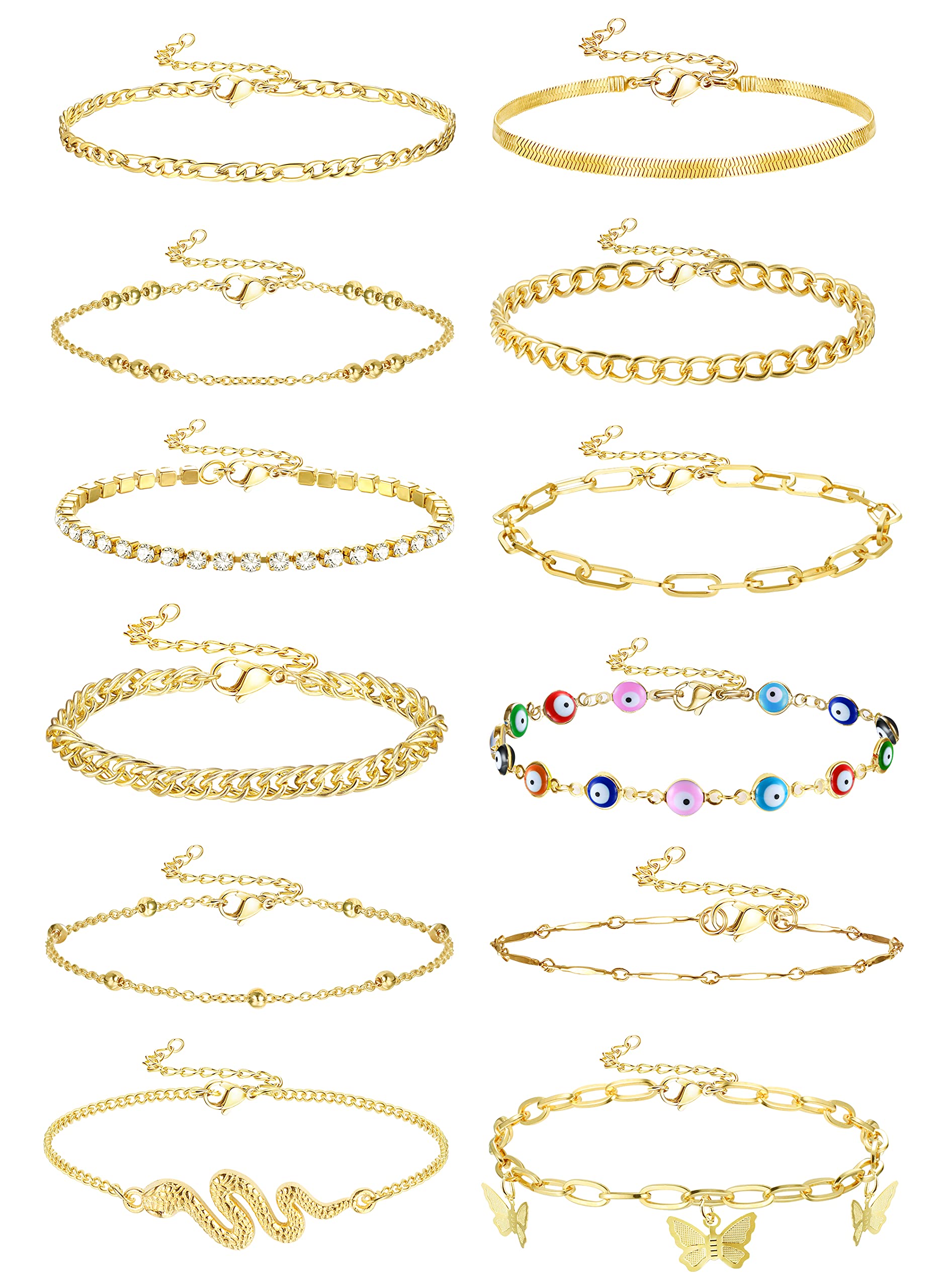 12 PCS Gold Ankle Bracelets Set for Women - Adjustable Snake Butterfly Evil Eye Arrow Figaro Paperclip Anklet Chains - Perfect for Summer Beach, Boho Fashion & Festival Jewelry Accessories