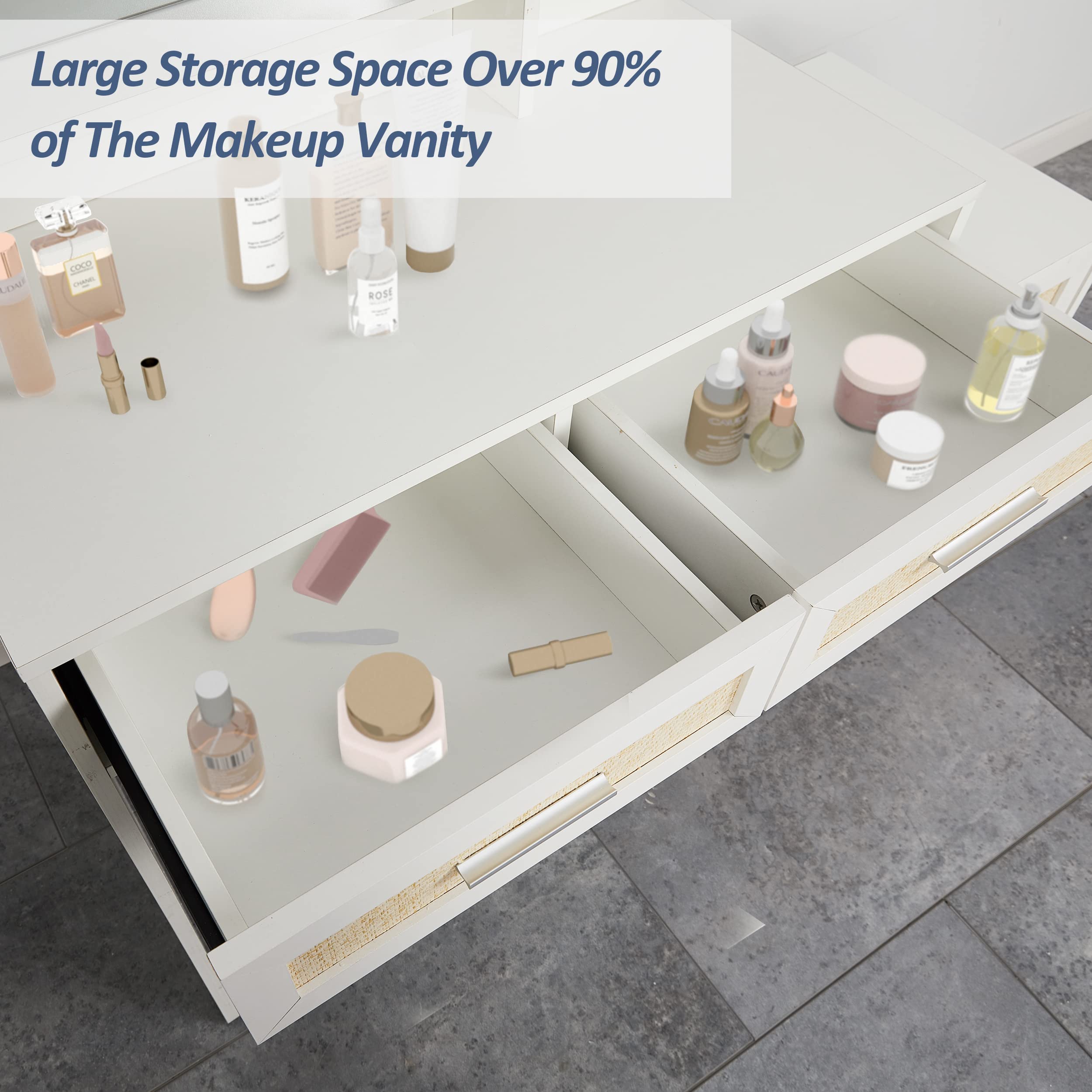 Boho Makeup Vanity Desk with Mirror & Lights - Rattan Dressing Table Set with Nightstand, 5 Drawers, 10 LED Bulbs & Cushioned Stool - White Metal Silver Handle Vanity for Bedroom, Dressing Room & Home Decor