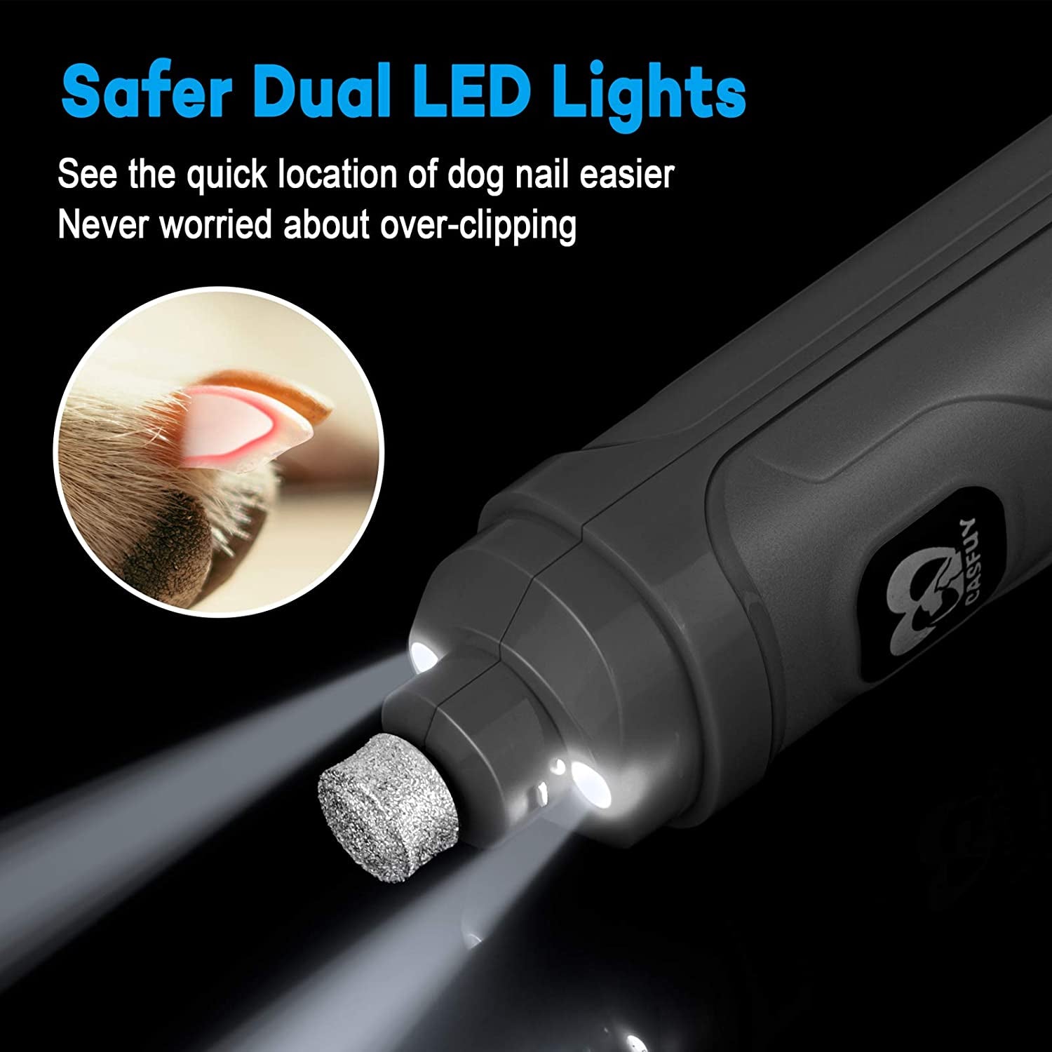 Electric Dog Nail Grinder with 2 LED Lights - 2-Speed Powerful Pet Nail Trimmer for Safe & Painless Grooming at Home | Perfect for Small, Medium & Large Dogs