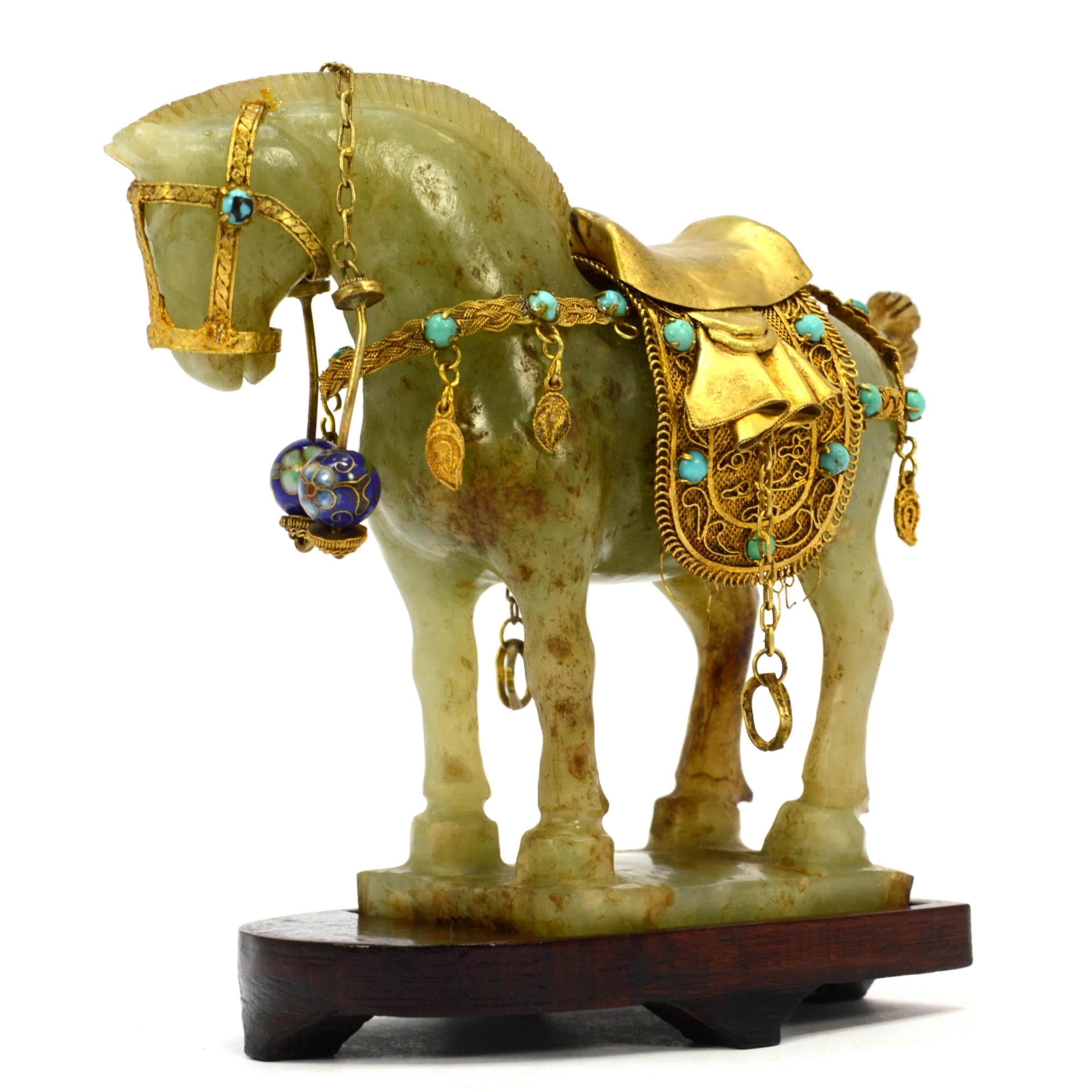 Antique Chinese Carved Jade Horse with Gold Gilt & Enamel Jeweled Saddle Bridle - Collectible Asian Artwork - Perfect for Home Decor, Gift Giving & Feng Shui Display