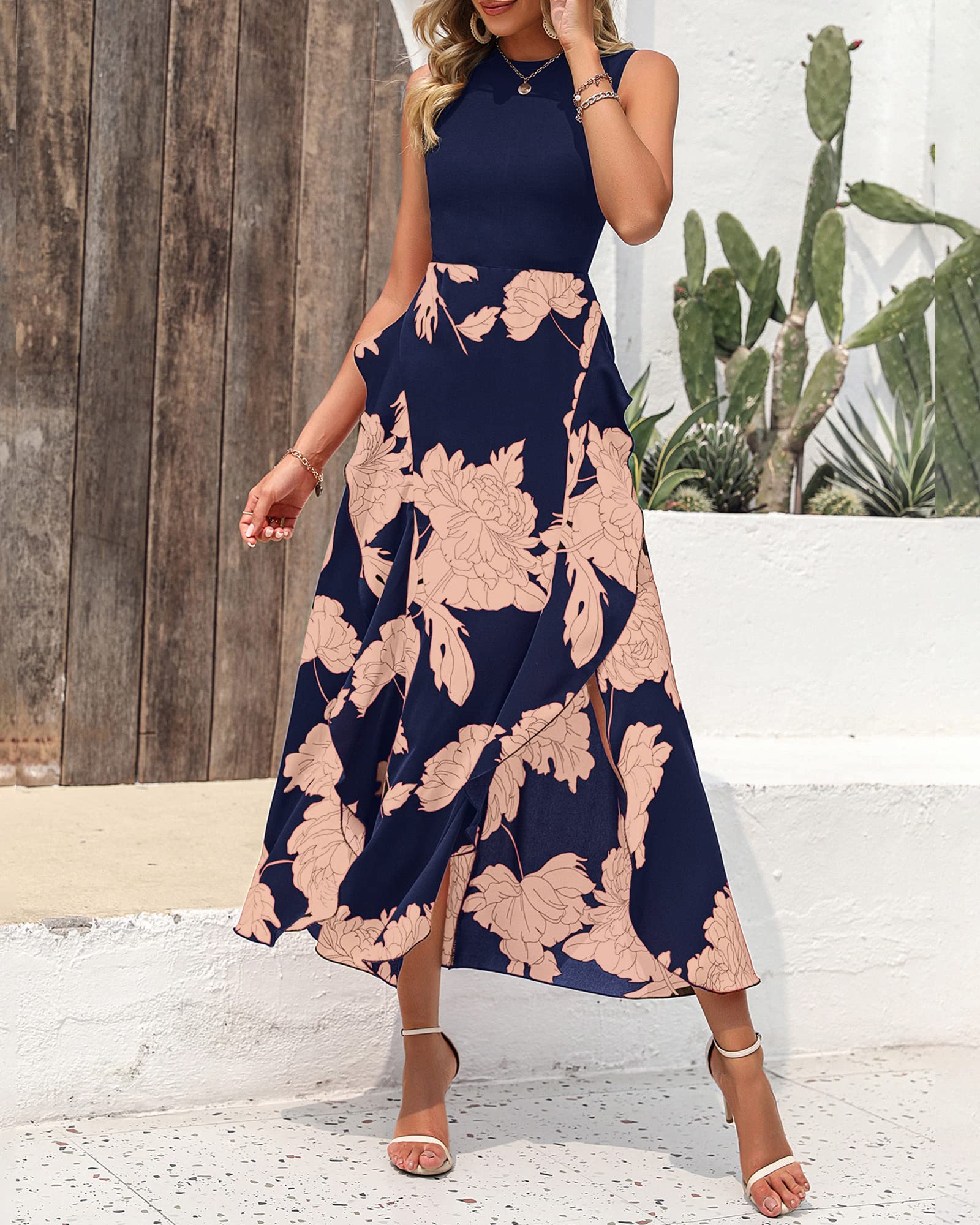 BTFBM Women's Sleeveless Boho Floral Midi Dress - Summer & Spring Casual Dress with Ruffles & Patchwork Design for Cocktail Parties, Beach Vacations & Date Nights