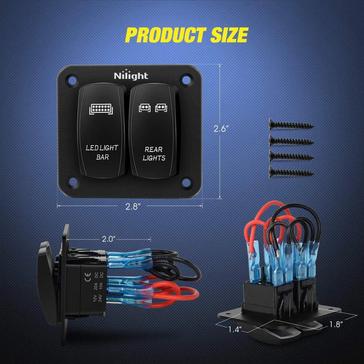 2 Gang LED Light Bar and Rear Lights 5-Pin ON/Off Rocker Switch Panel with Blue Illumination - Perfect for Off-Road Trucks, ATVs, and Marine Applications