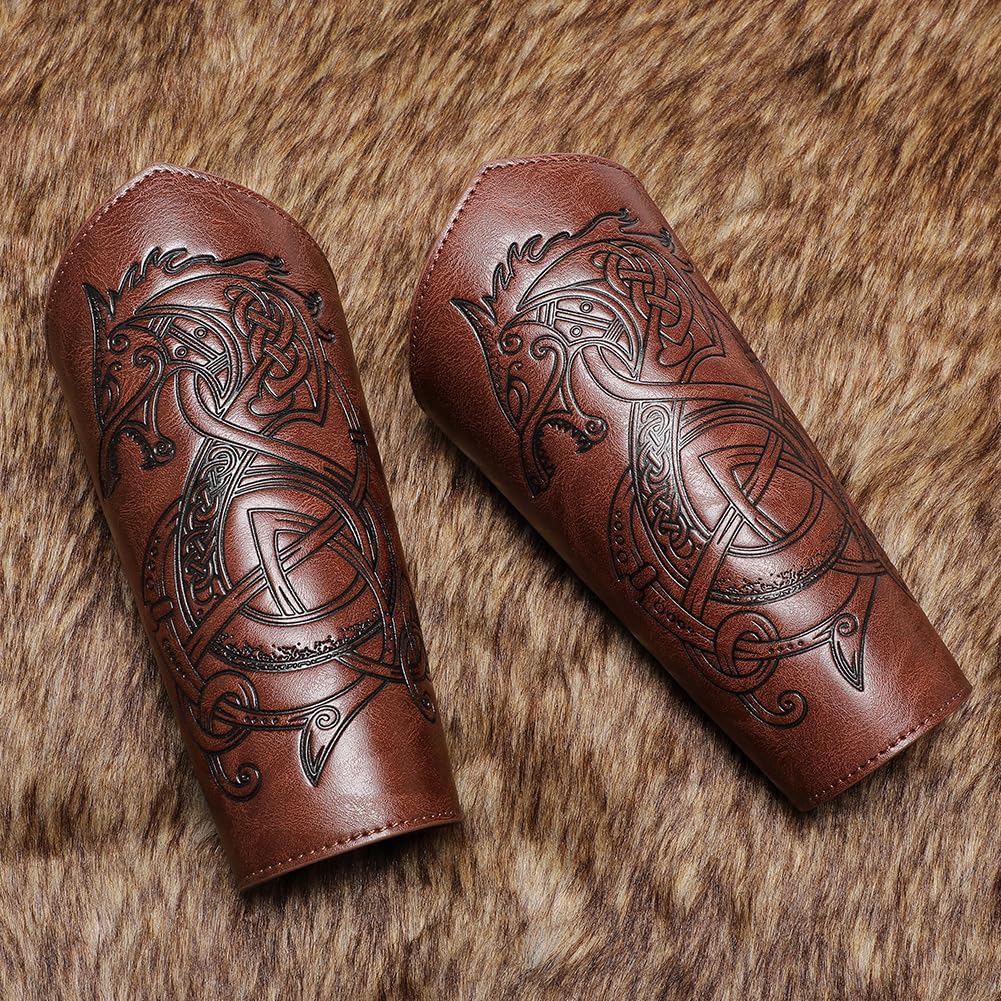 Medieval Leather Bracers for Men - Dragon Embossed Viking Armor Cuffs - Handmade Leather Arm Guards for LARP, Cosplay, Renaissance Fairs & Historical Reenactment