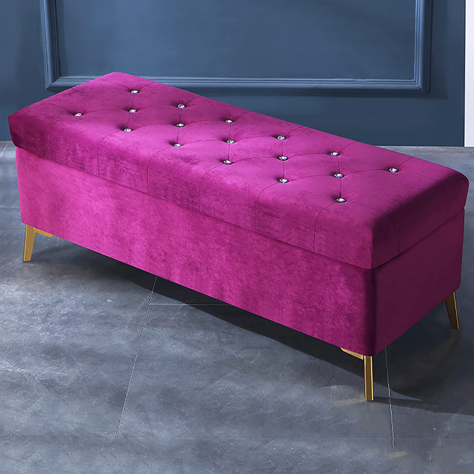 Luxury Velvet Upholstered Storage Ottoman Bench with Crystal Buttons - Purple Footrest, Shoe Bench & Bedroom Decor (60x42x45cm/24x17x18in) - Perfect for Living Room, Bedroom & Entryway Organization