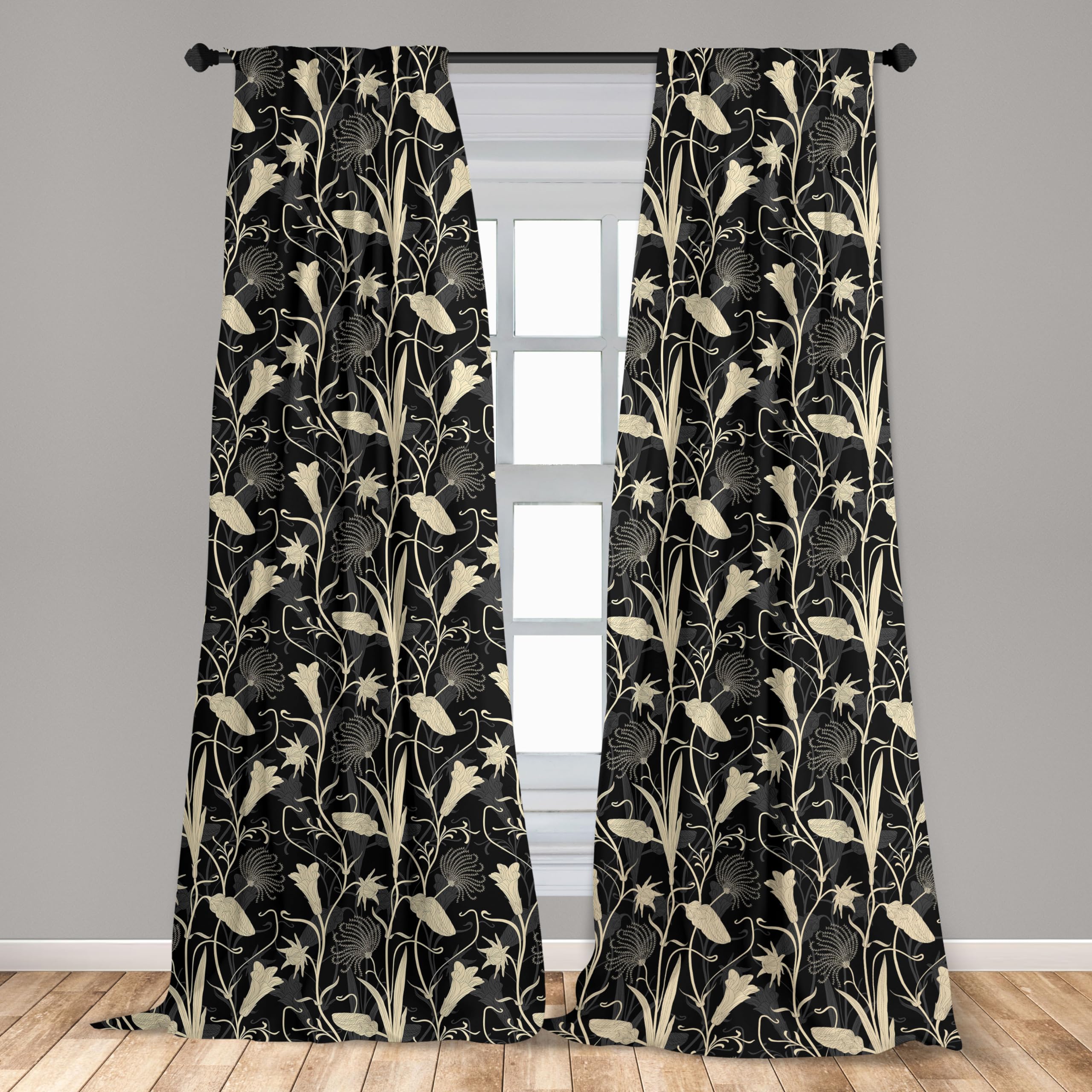 Ambesonne Art Nouveau Window Curtains - Black Ivory Floral Leaf Design, Lightweight 2-Panel Set with Rod Pocket (28