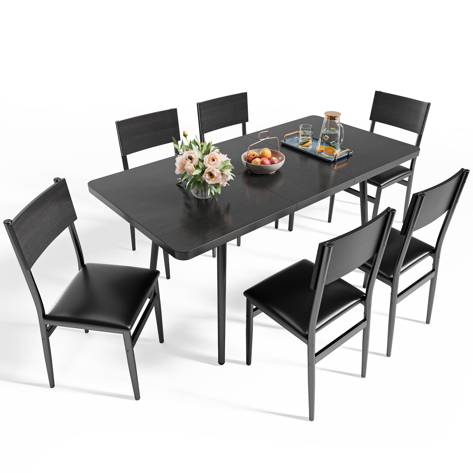 Ahomly 7-Piece Extendable Dining Table Set with 6 Padded Chairs, 63