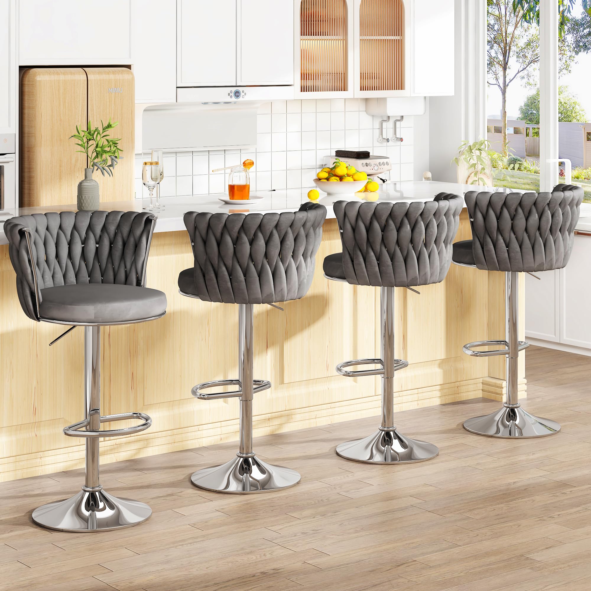 AWQM Velvet Bar Stool Set of 2 - Adjustable Height Swivel Kitchen Island Chairs with Back Support & Footrest, Soft Upholstered Counter Stools for Dining Room, Bar or Home Decor (Grey) - Perfect for Breakfast Nooks, Kitchen Islands and Entertaining Guests