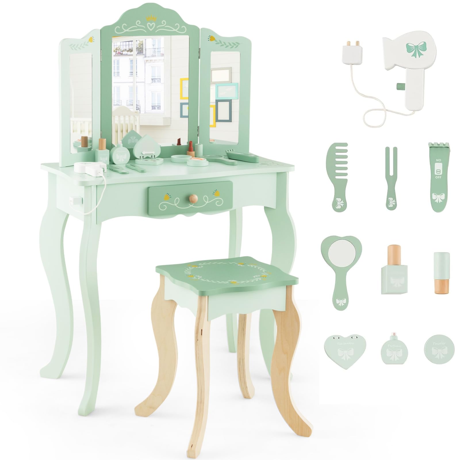 Honey Joy Kids Vanity Set - Wooden Makeup Table & Chair for Toddlers - Pretend Play Dressing Toys - for Girls Bedroom Play