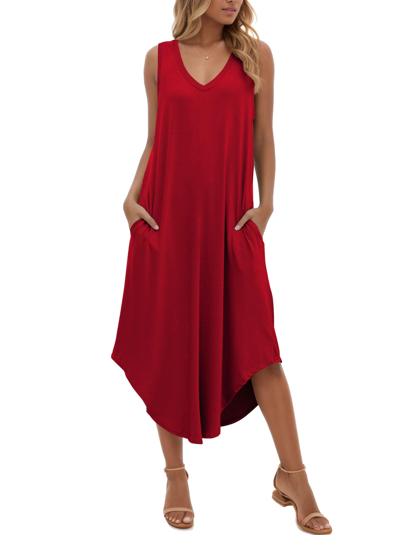 Women's Summer Maxi Dress - Casual Sleeveless V-Neck Loose Sundress with Pockets | Beach Cover Up, Vacation Outfit, Boho Chic Fashion