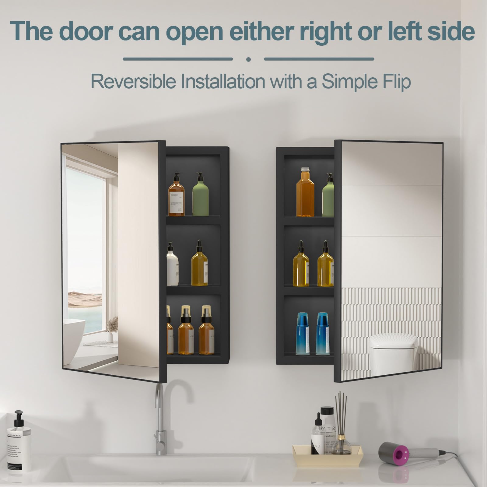 16x22 Inch Farmhouse Black Bathroom Medicine Cabinet with Mirror - Pre-Assembled Single Door Recessed/Surface Mount Aluminum Bathroom Storage - Modern Vanity Mirror for Bathroom, Powder Room & Bedroom Organization