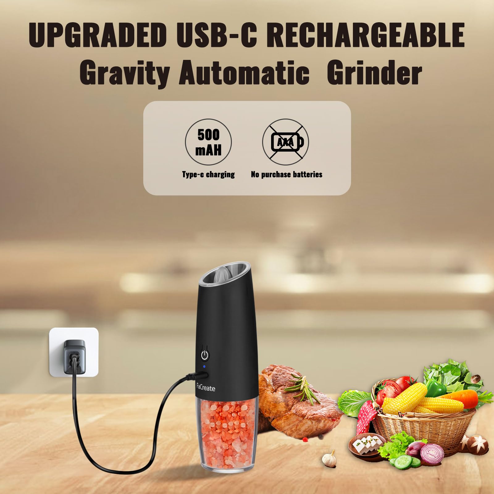 UPGRADED USB Rechargeable Electric Salt and Pepper Grinder Set - Battery Powered Automatic Mill with Adjustable Coarseness & LED Light - 2 Pack Black for Kitchen, Dining Table, Camping & Gifts
