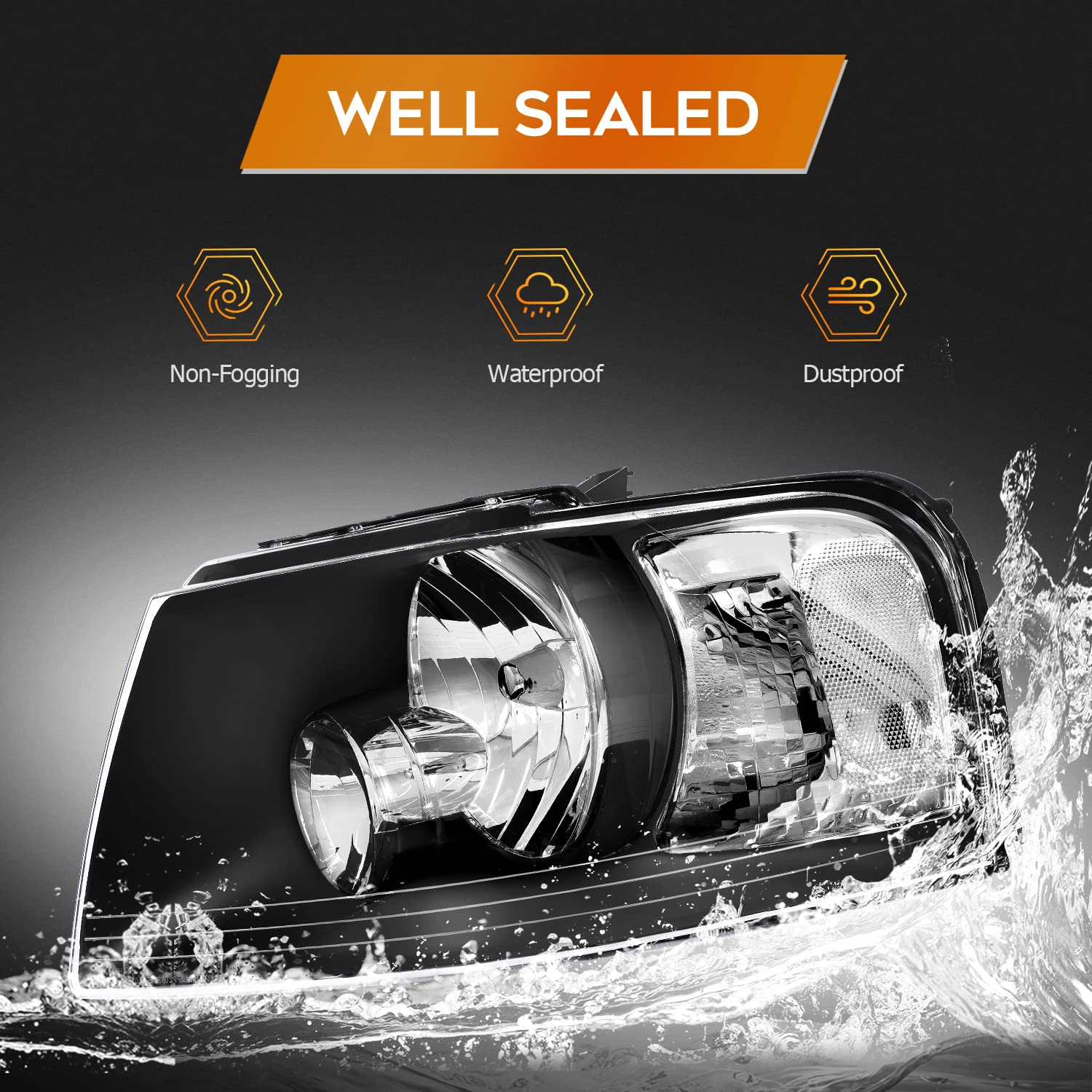 2003-2006 Ford Expedition Headlight Assembly - Black Housing, Clear Reflector & Lens - Driver & Passenger Side Replacement Headlamps - Perfect for Night Driving & Off-Road Adventures