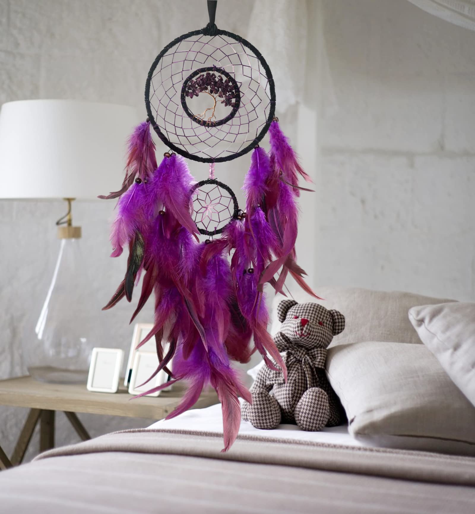 Purple Dream Catcher for Kids & Adults - Tree of Life Crystal Feather Wall Hanging for Bedroom Decor, Teen Room & Native American Style Home Accessories | Perfect for Nursery, Dorm Room & Spiritual Gifts