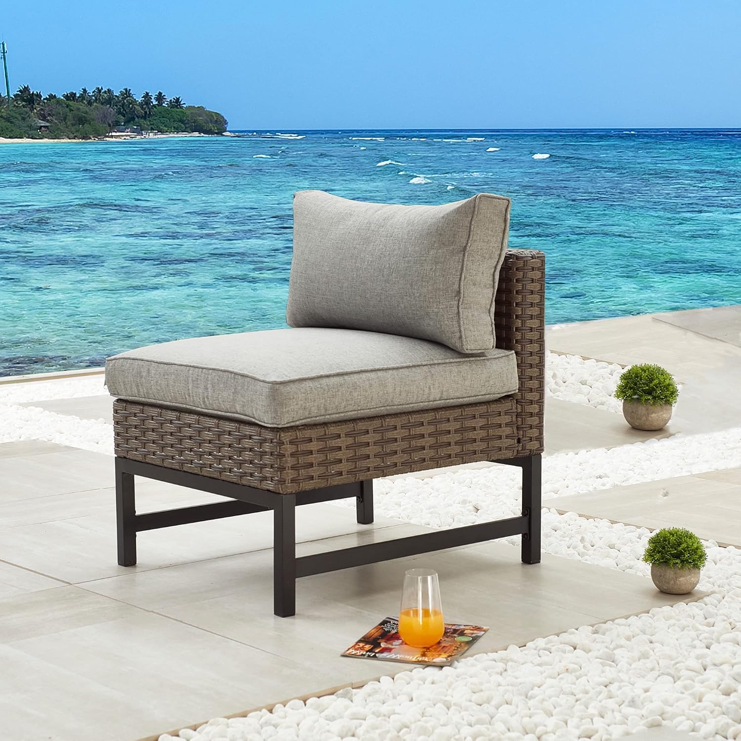 LOKATSE HOME Armless Wicker Patio Sofa Chair with Cushions & Metal Frame - Outdoor Furniture for Garden, Backyard, Poolside Relaxation - Brown (Perfect for Lounging, Sunbathing & Entertaining)