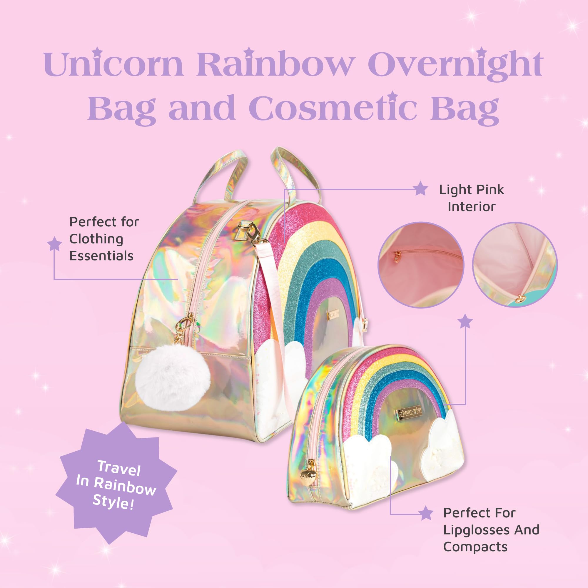 Glimmer Wish Unicorn Rainbow Overnight Bag & Cosmetic Organizer - Waterproof Travel Makeup Bag for Women & Girls - Perfect for School, Gym, Vacation & Sleepovers - Cute Gift Idea for Teens & Tweens