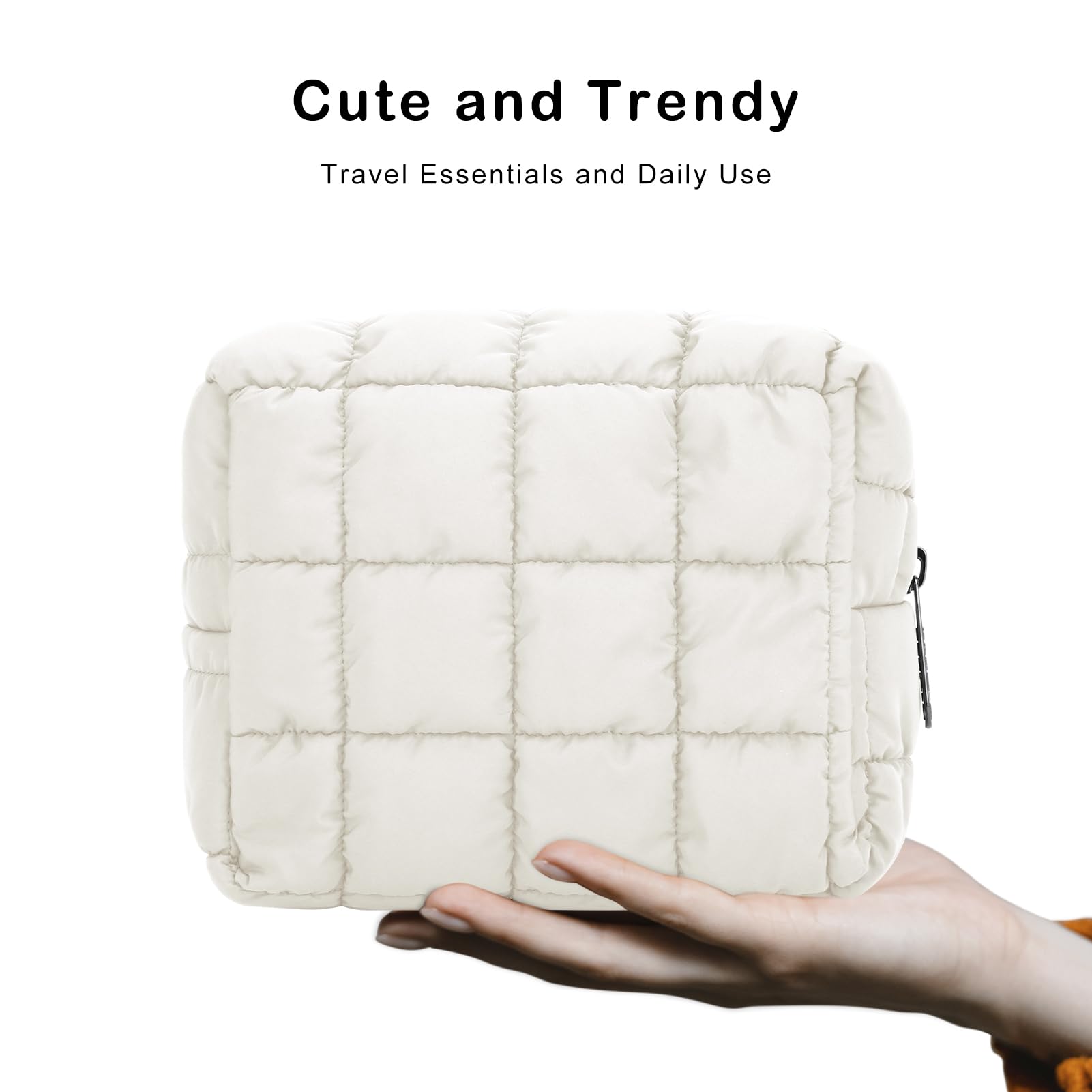 E-Tree Cute Quilted Makeup Bag - Waterproof Cosmetic Organizer Pouch for Travel, Purse & Toiletry Storage - Checkered Pattern Zippered Case (White) - Perfect for Daily Makeup, Gym Essentials & Travel Organization