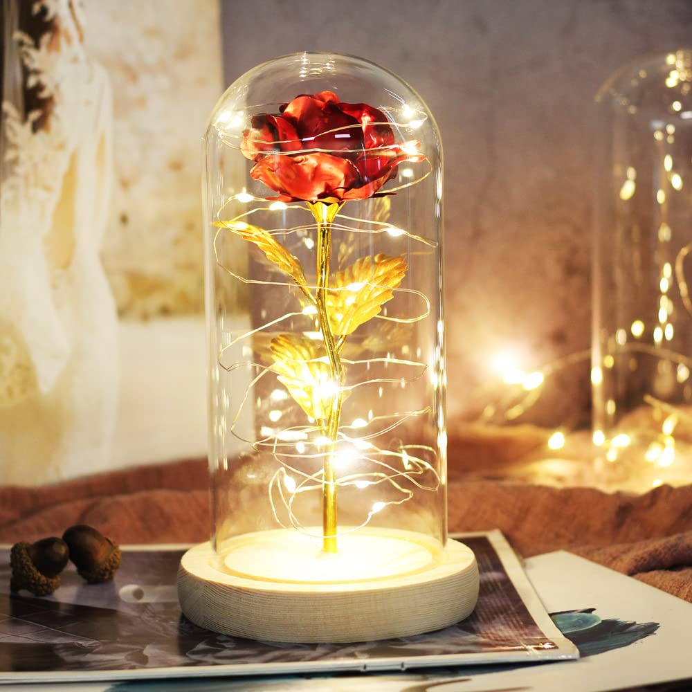 Enchanted Beauty and The Beast Rose with LED Light in Glass Dome - Unique Gift for Mom, Anniversary, Mother's Day, Birthday & Valentine's Day - Perfect for Home Decor, Romantic Surprises & Special Occasions