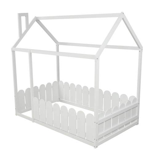Wood Twin Bed Frame with Fence - Cabin Floor Bed for Kids Nursery & Playroom