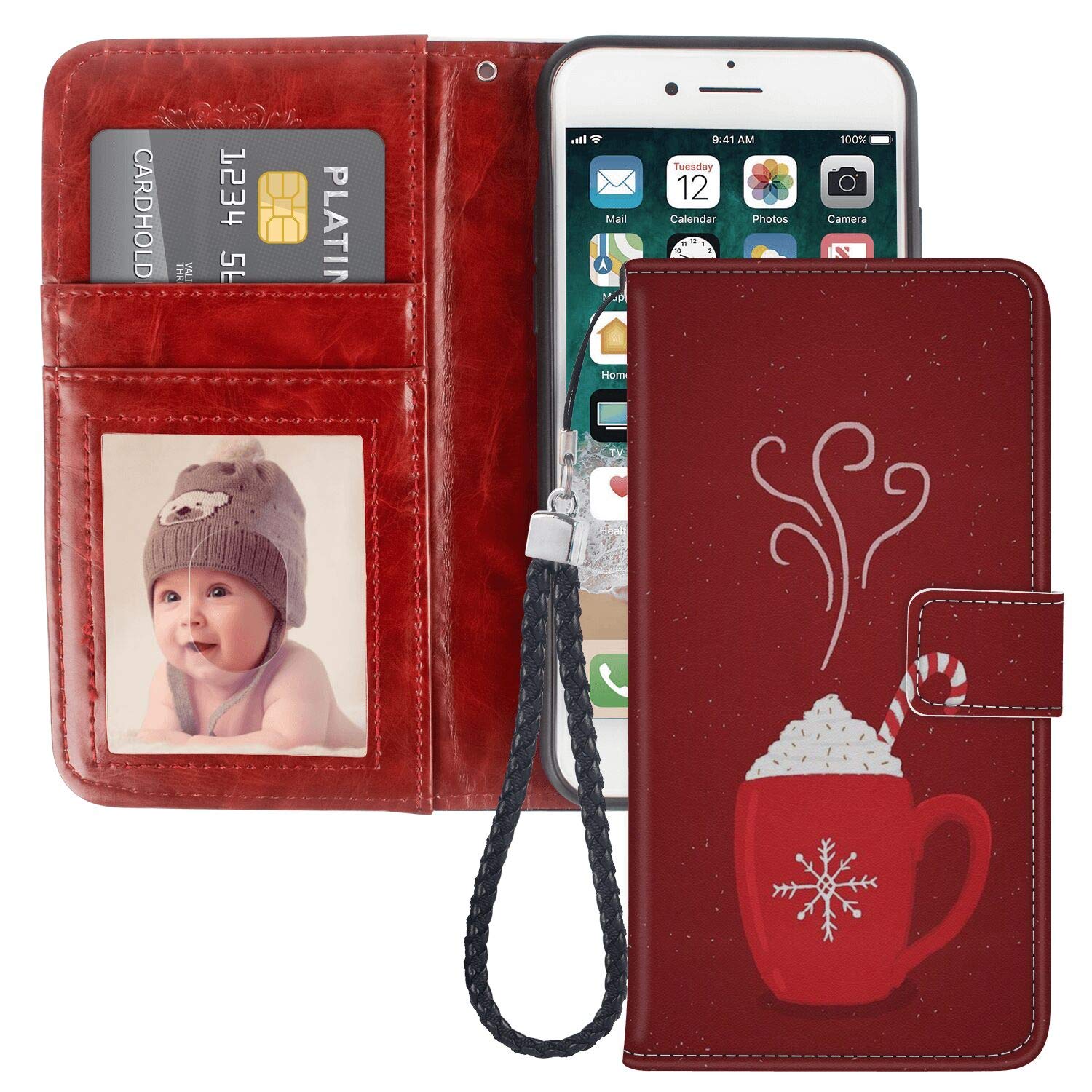 Premium PU Leather iPhone 6/6S Wallet Case with Card Holder & Wrist Strap - Christmas Sleigh Design - Perfect for Everyday Use, Travel, and Holiday Gifts