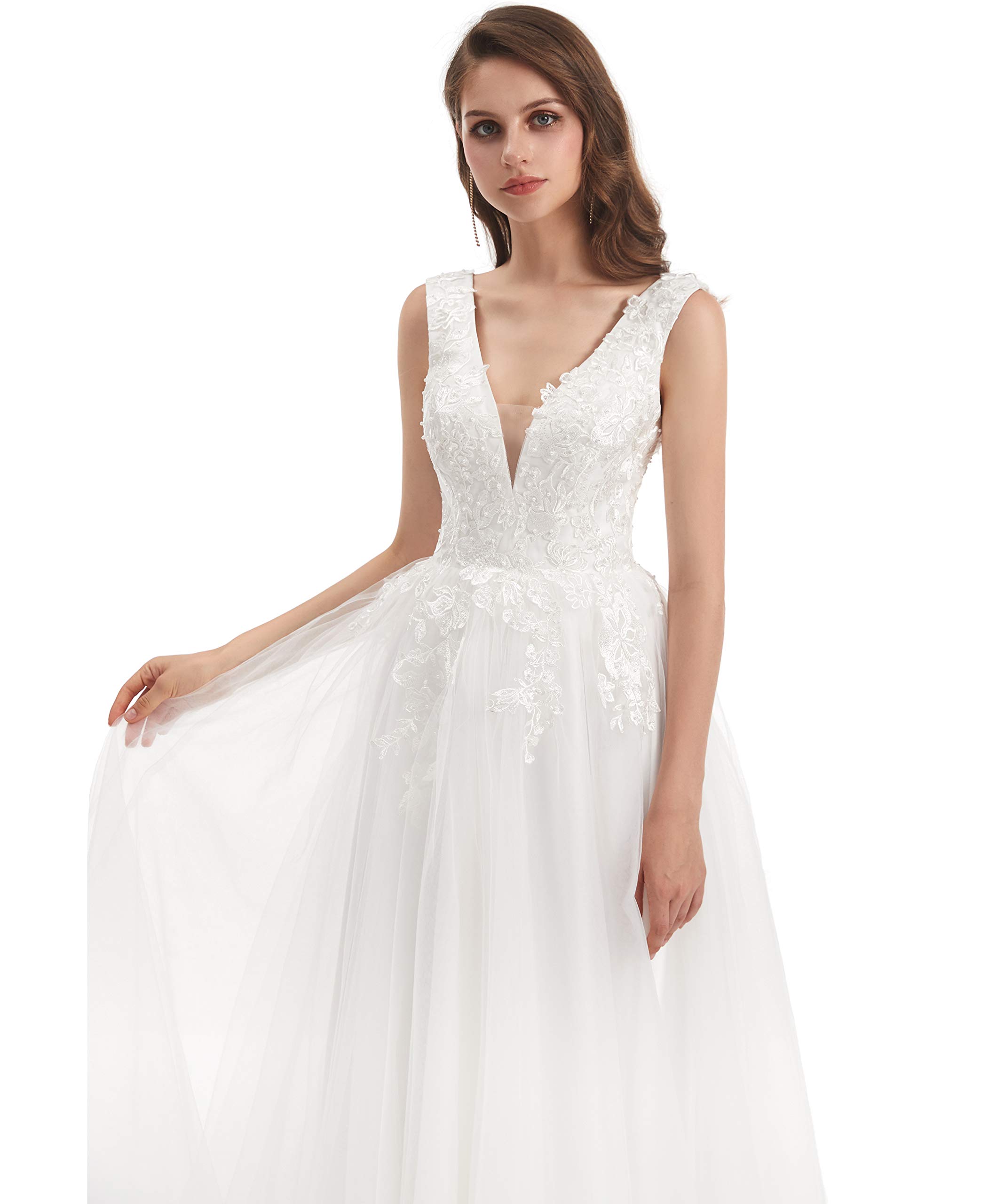 Elegant Women's V-Neck Pearl Applique Sleeveless Wedding Dress for Beach Brides | Perfect for Destination Weddings, Summer Ceremonies & Tropical Vacations