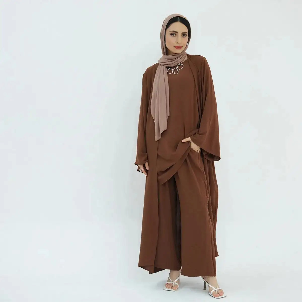 3-Piece Sleeveless Top & Pant Suit with Open Abaya Dress for Muslim Women - Modest Islamic Fashion for Prayer, Eid, Wedding & Special Occasions