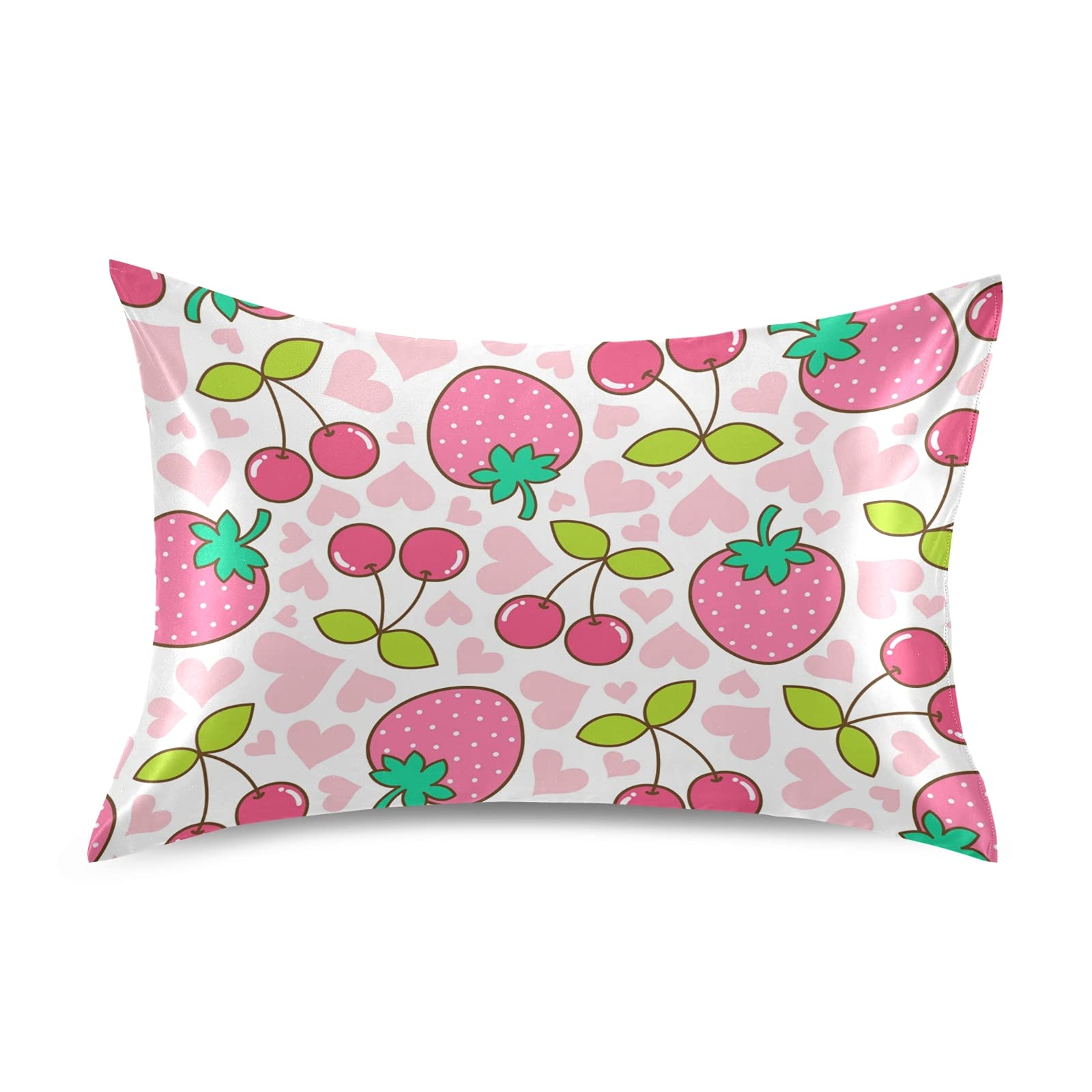 Luxury Satin Pillowcase Set - Soft Silk Pillow Covers with Envelope Opening for Hair & Skin Care - Cute Pink Strawberry Cherry Design - Home Decor Bedroom Accessories for Adults - Perfect for Gifts, Travel & Daily Comfort