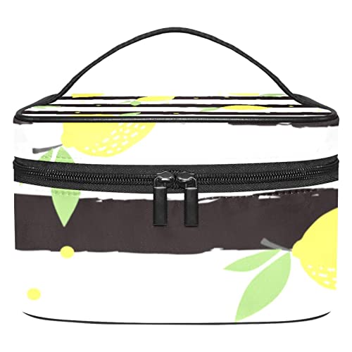 Large Makeup Bag for Women - Travel Cosmetic Organizer with Brush Storage, Durable Waterproof Toiletry Bag (Lemon Black White Stripe) - Perfect for Travel, Gym & Daily Makeup Organization