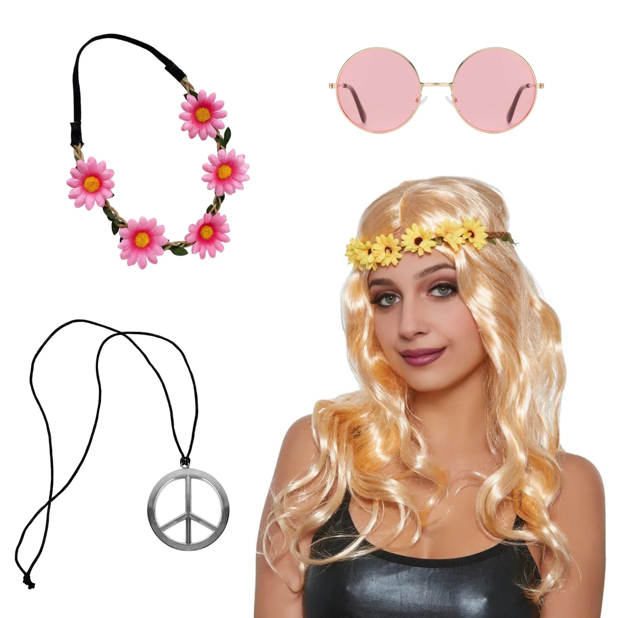60's Hippie Costume Accessory Kit - Flower Headband, Round Sunglasses & Peace Necklace for 1960s Theme Party, Halloween or Cosplay