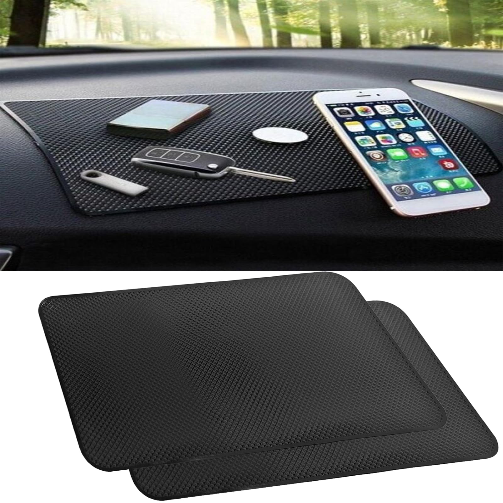 2-Pack Non-Slip Rubber Dashboard Mat - Universal Anti-Slip Sticky Pad for Phones, Sunglasses & Keys - Fits Car Cargo Liners (Black Grid Pattern 10.6