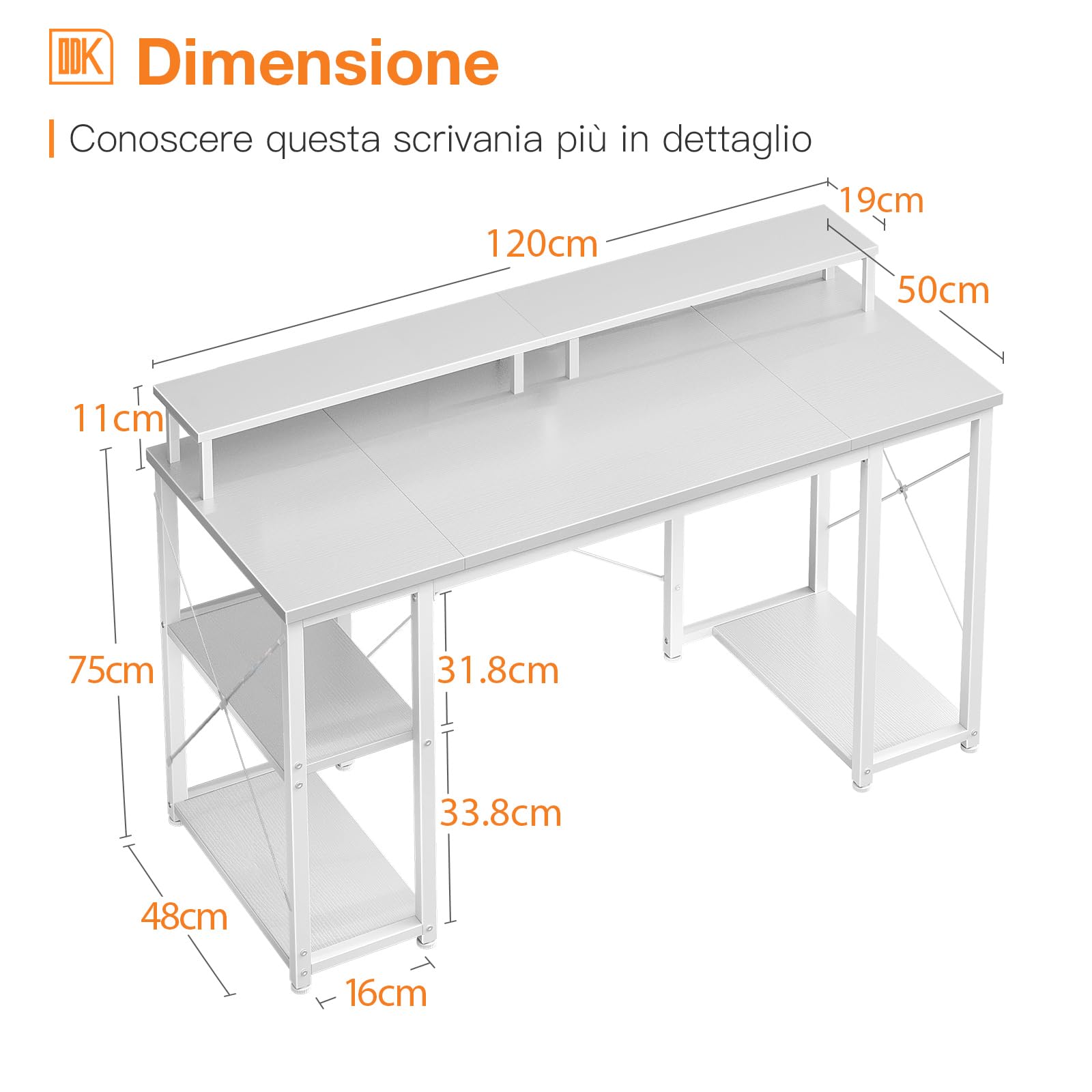 ODK Reversible Gaming Desk with Monitor Stand and Storage Shelf - 120x50x86.5cm White Computer Desk for Home Office, Bedroom, Study Room - Perfect for Work, Gaming, and Remote Learning