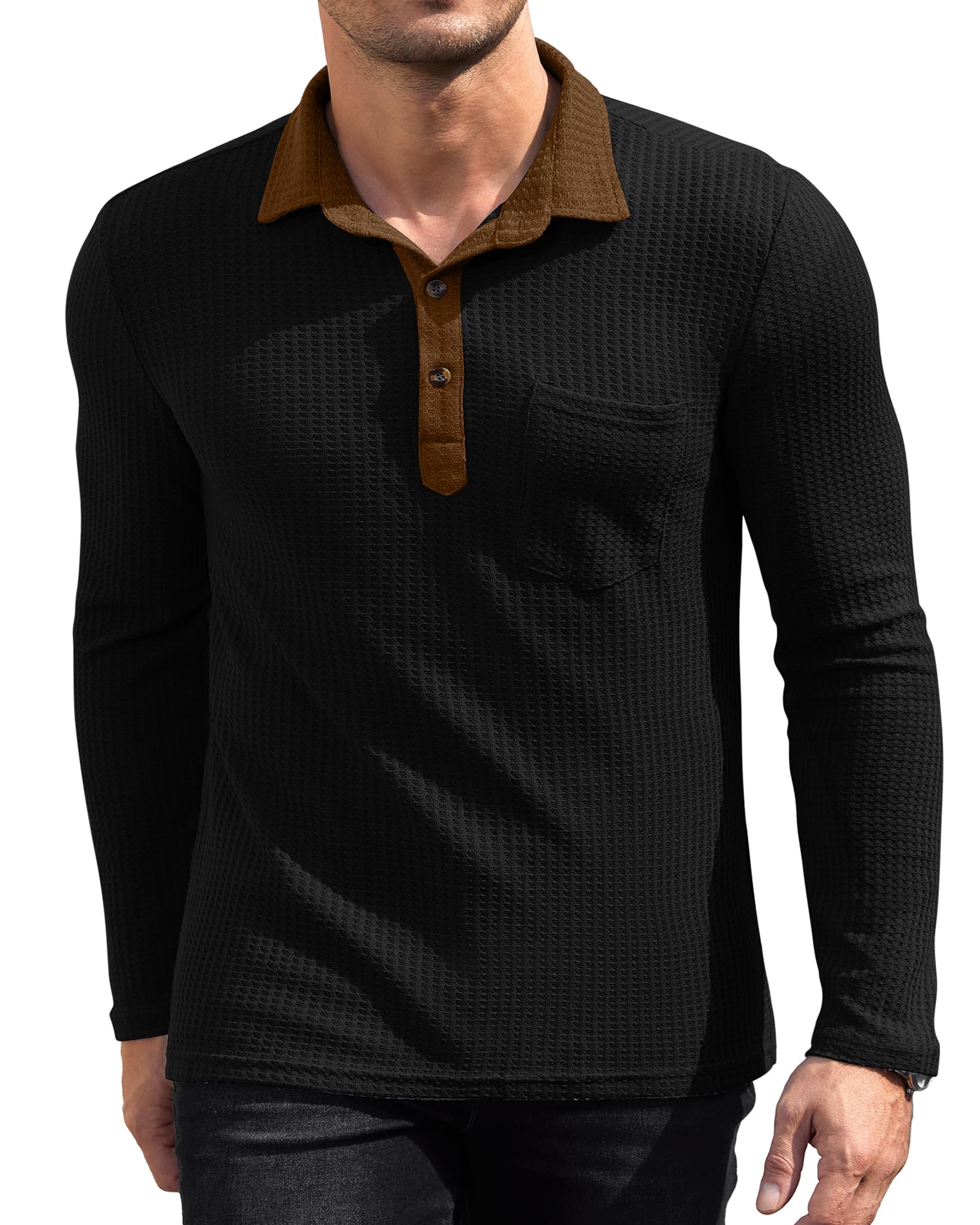 Men's Slim Fit Long Sleeve Polo Shirt - Lightweight Waffle Knit Texture, Casual Button Down Shirt with Chest Pocket | Perfect for Office, Golf, and Everyday Wear