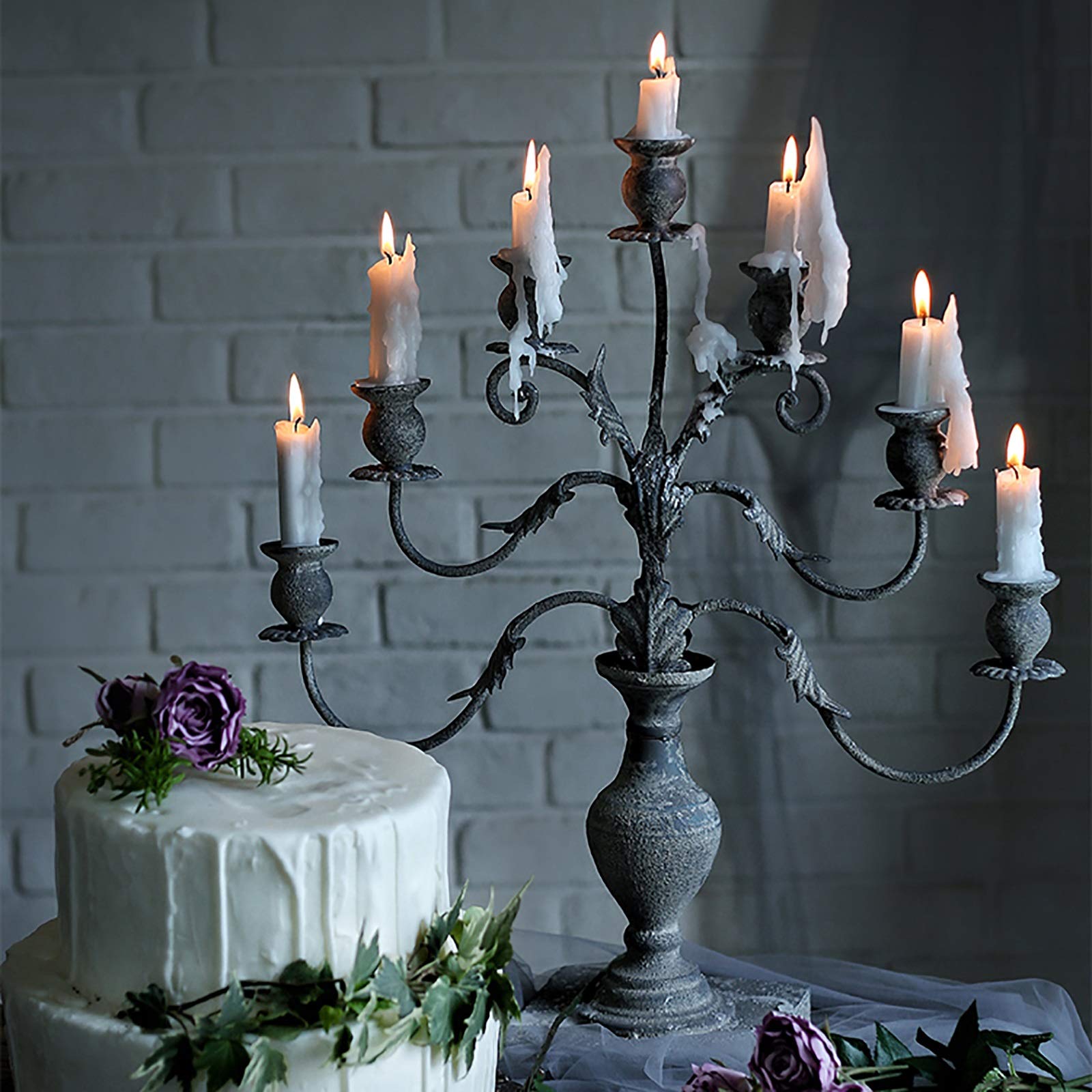 HYDT Vintage 7-Arm Metal Candelabra - Elegant Table Centerpiece for Romantic Candlelight Dinners, Wedding Decor & Home Dining Ambiance