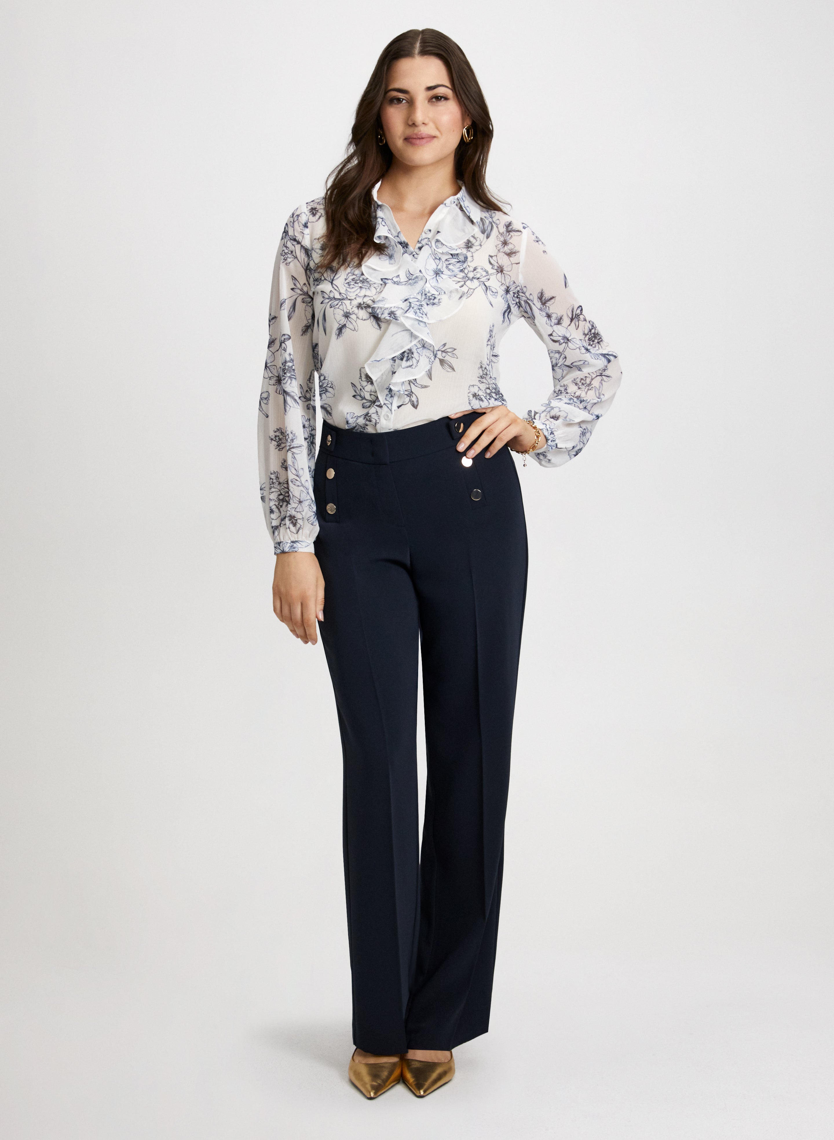 Floral Print Ruffle Blouse & Wide Leg Pants Set - Women's Elegant Summer Outfit for Office, Date Night & Casual Wear