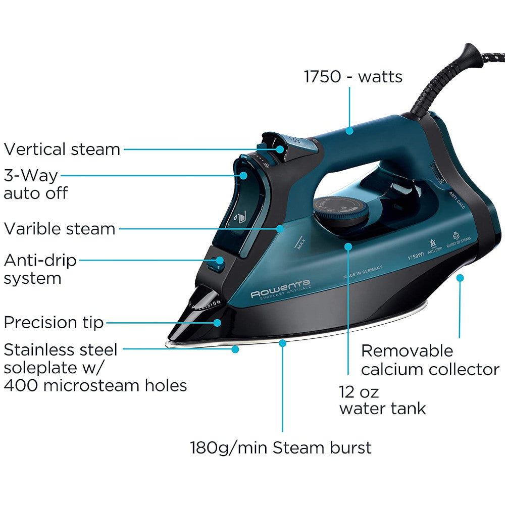 ROWENTA Everlast 1750 Watt Anti-Calc Steam Iron DW7180U1 - Professional Garment Care for Wrinkle-Free Clothes at Home or Office