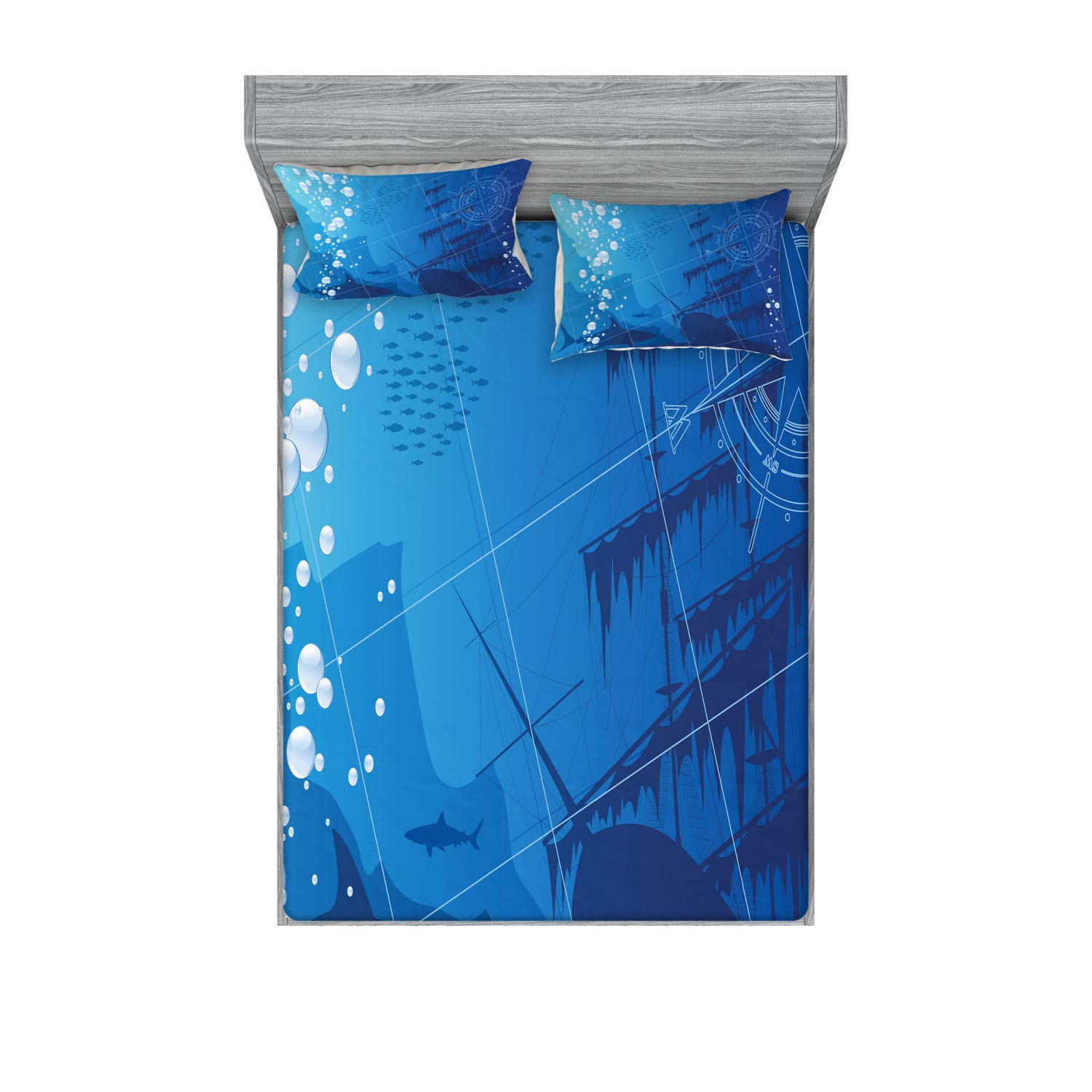 Ambesonne Nautical Queen Size 3-Piece Bedding Set - Shark & Ship Compass Printed Fitted Sheet & Pillow Shams, Blue White Ocean Theme | Perfect for Beach House Decor, Underwater Kids Room or Coastal Themed Bedroom