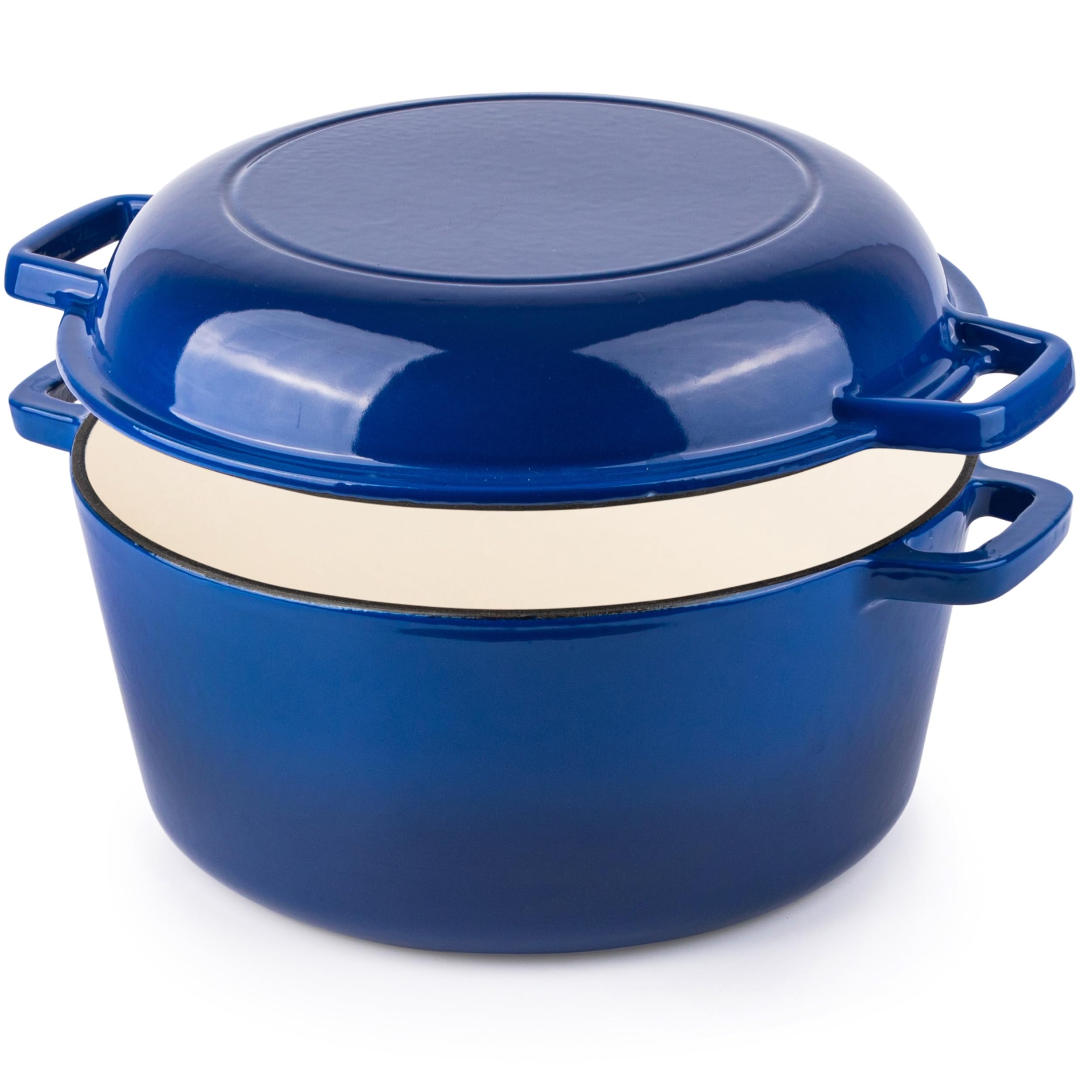 Premium Enameled Cast Iron Dutch Oven with Lid - 5 Quart (26cm) Casserole Pot & Skillet 2-in-1 Cookware Set - Durable Dark Blue Enamel Coating - Perfect for Braising, Stewing, Baking & Camping - by Nuovva