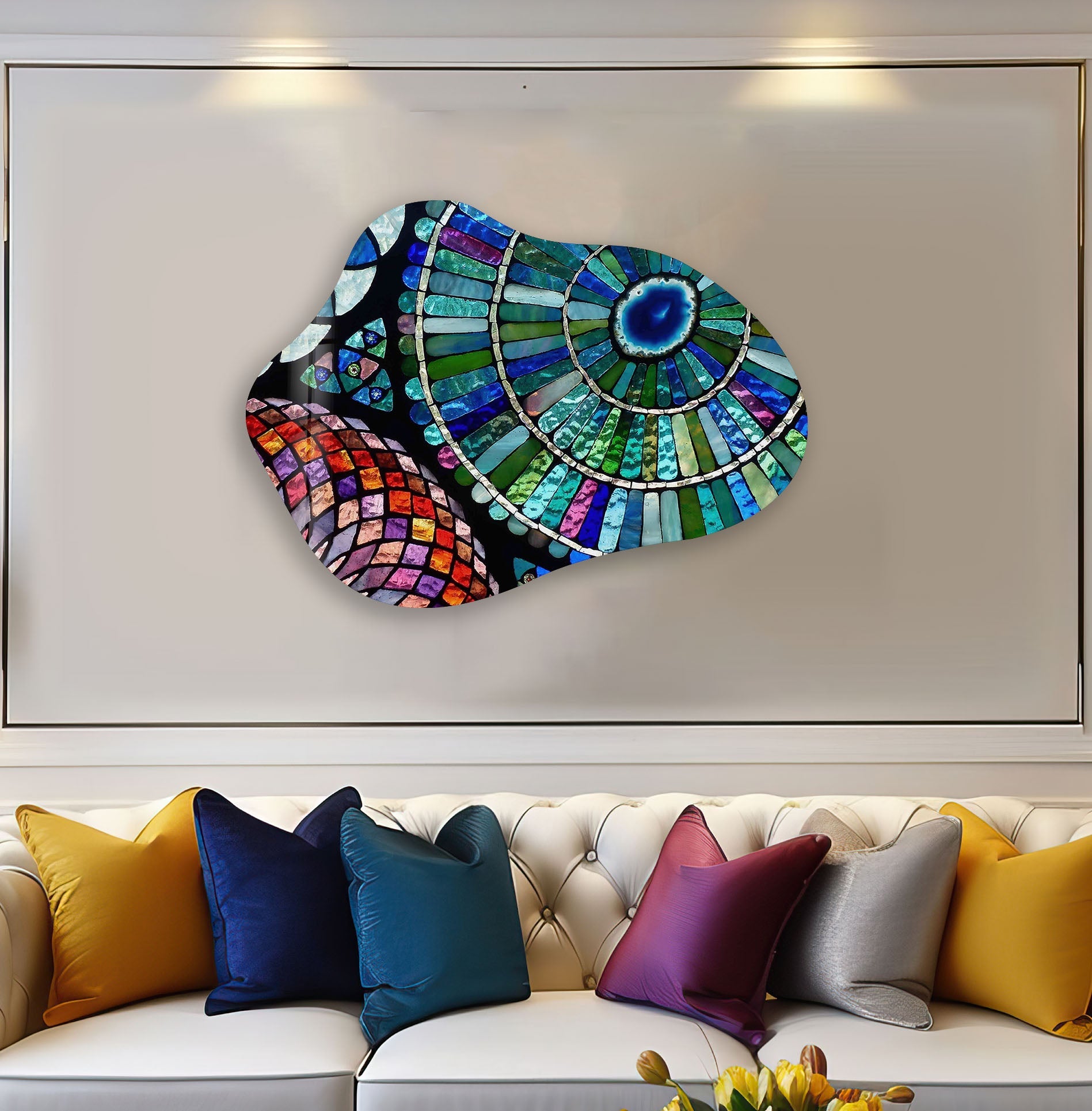 Blue Mosaic Glass Wall Art Decor - Handmade Modern Home Decor for Living Room, Bedroom & Office