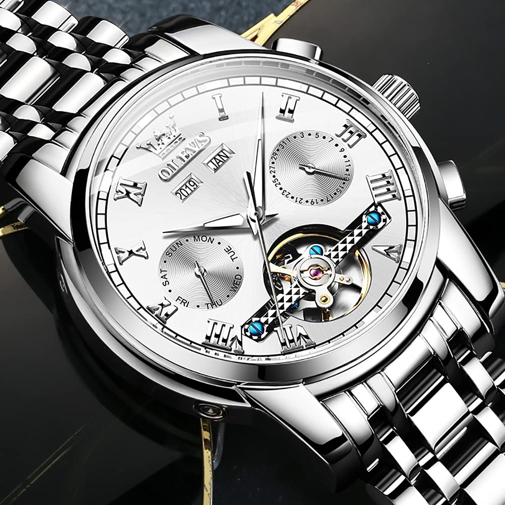 OLEVS Automatic Self-Winding Men's Watch with Date & Day Calendar - Stainless Steel Skeleton Tourbillon Watch - No Battery Needed, Waterproof - Perfect for Business, Casual & Formal Occasions