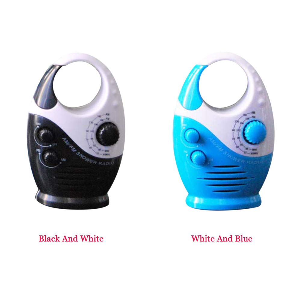 Waterproof Shower Radio with Built-in Speaker - Splash Proof AM/FM Bathroom Radio with Adjustable Volume & Top Handle for Shower, Pool, Beach & Outdoor Use (Blue and White)