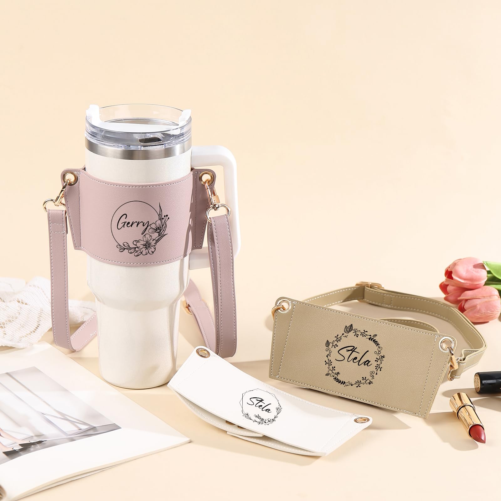**Personalized Name Water Bottle Holder - Adjustable Strap Leather Cup Carrier Bag - Custom Gifts for Women, Gym, Hiking & Travel**