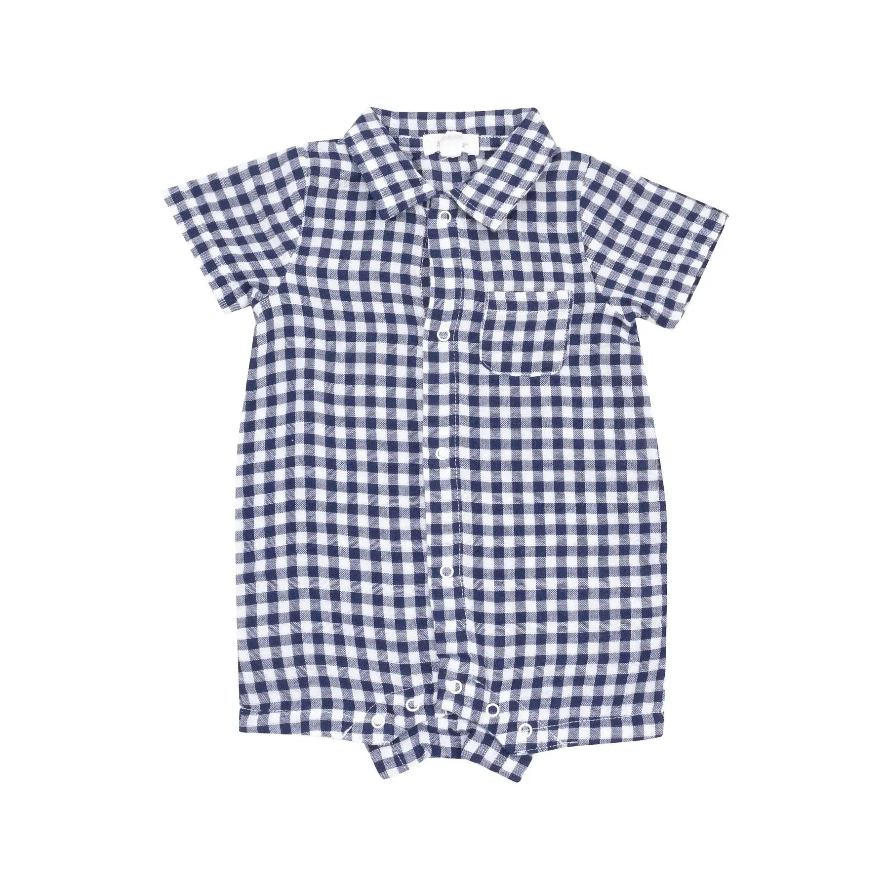 Angel Dear Organic Muslin Button Down Polo Shortie for Baby Boys & Girls - Soft Navy Gingham Romper - Perfect for Playtime, Outings & Photo Shoots