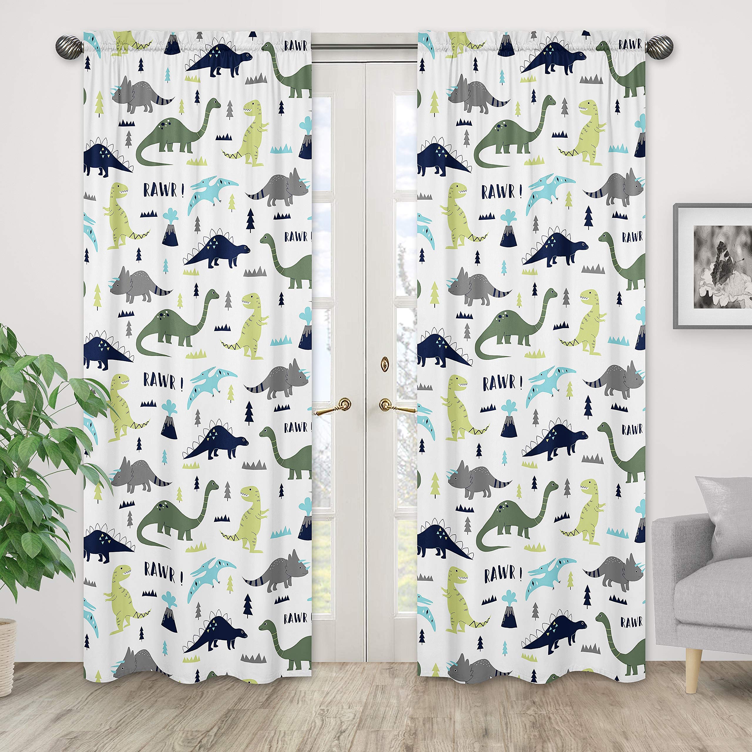Modern Blue and Green Dinosaur Curtain Panels for Kids' Bedroom - Blackout Window Treatment Set of 2 - Perfect for Nursery, Playroom & Dinosaur Themed Decor