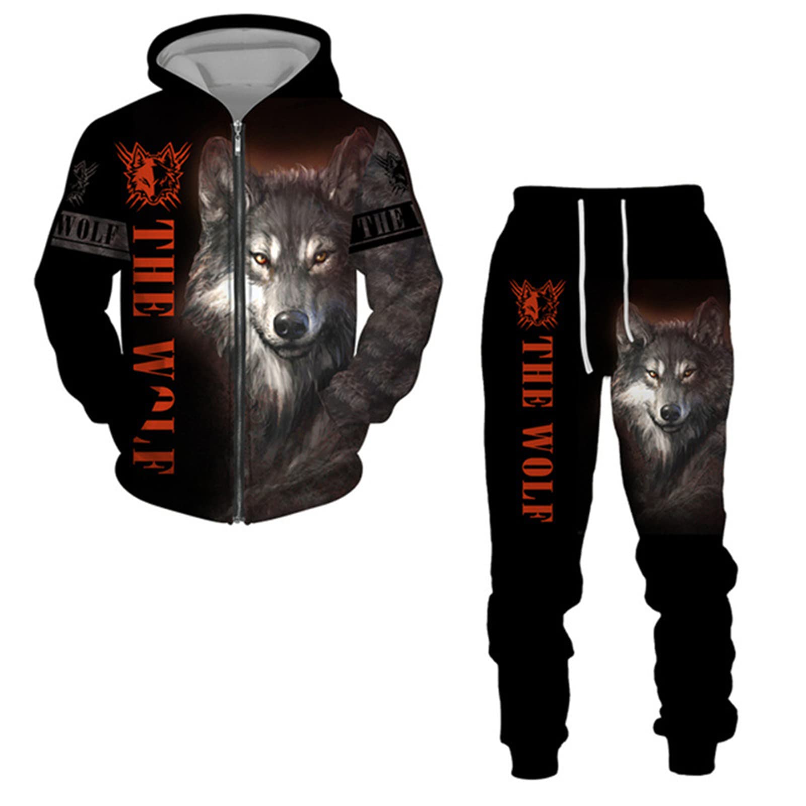 WAVOTIQ Men's 2 Piece Tracksuit Set - 3D Printed Viking Wolf Hoodie & Joggers | Zippered Casual Sportswear for Gym, Running & Streetwear Fashion