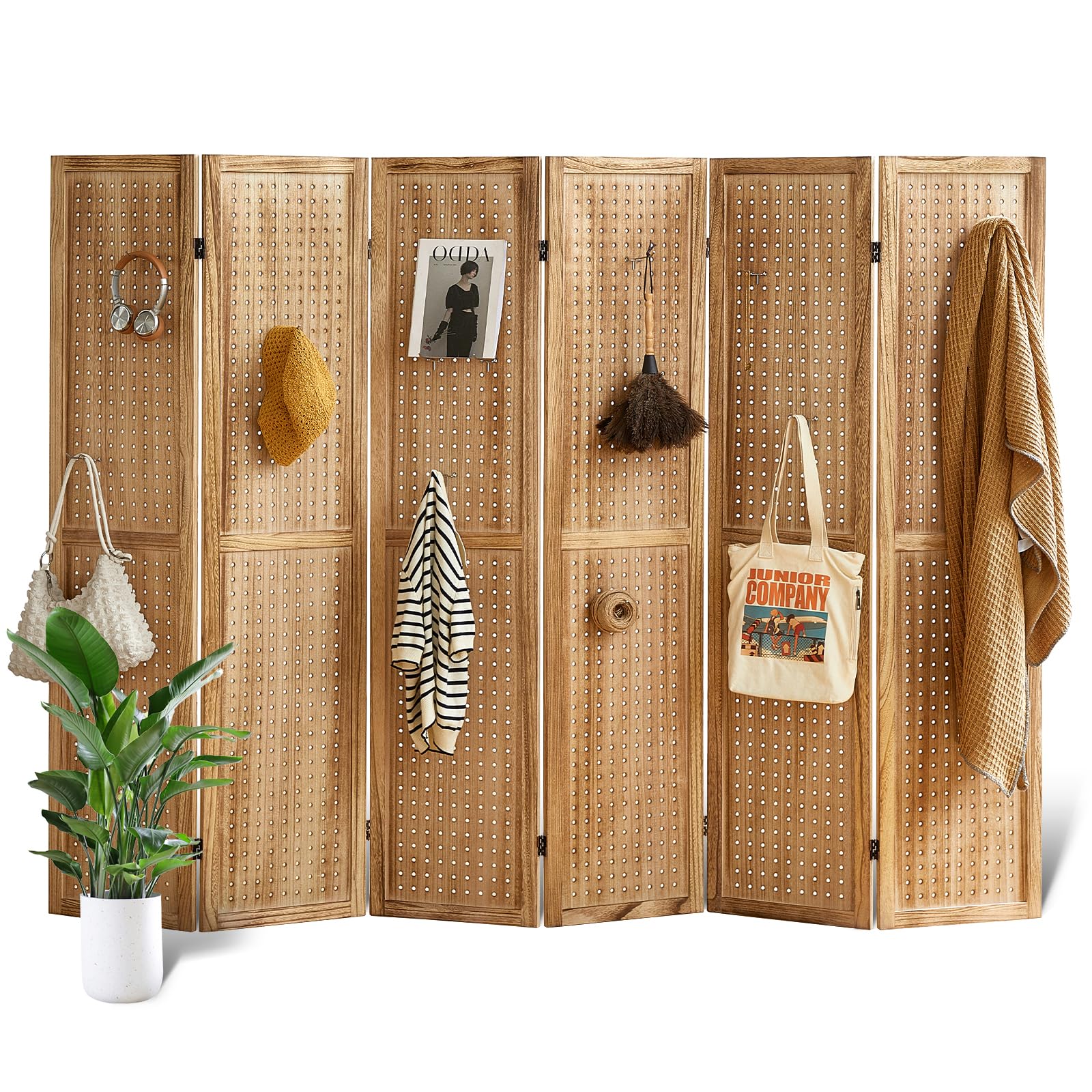 24-Hook Pegboard Display & 6-Panel Folding Room Divider - 5.6Ft Portable Privacy Screen, Freestanding Wooden Wall Organizer for Bedroom, Office & Reading Room - Natural Finish | Perfect for Home Organization & Space Division