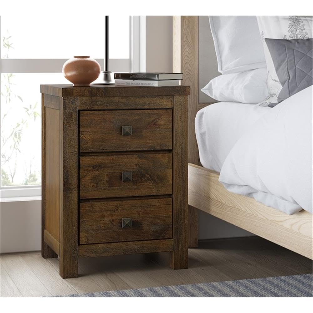 Finch Stratford Farmhouse Wooden Nightstand with 3 Drawers - Rustic Brown Bedside End Table with Space Saving Design for Bedroom, Living Room, or Office