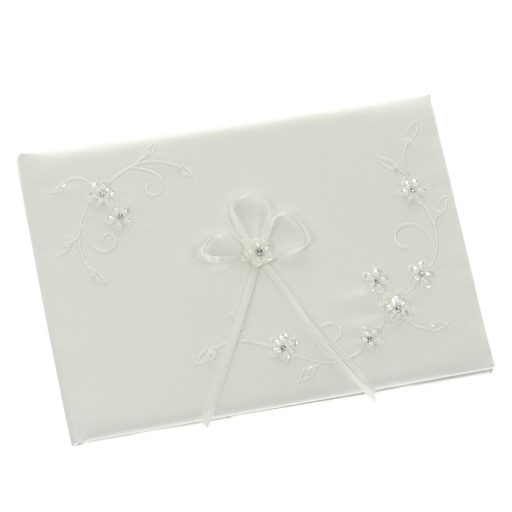DivaDesigns Floral Embroidery Crystal Wedding Guest Book - Elegant White Keepsake for Bridal Showers, Receptions & Anniversary Celebrations