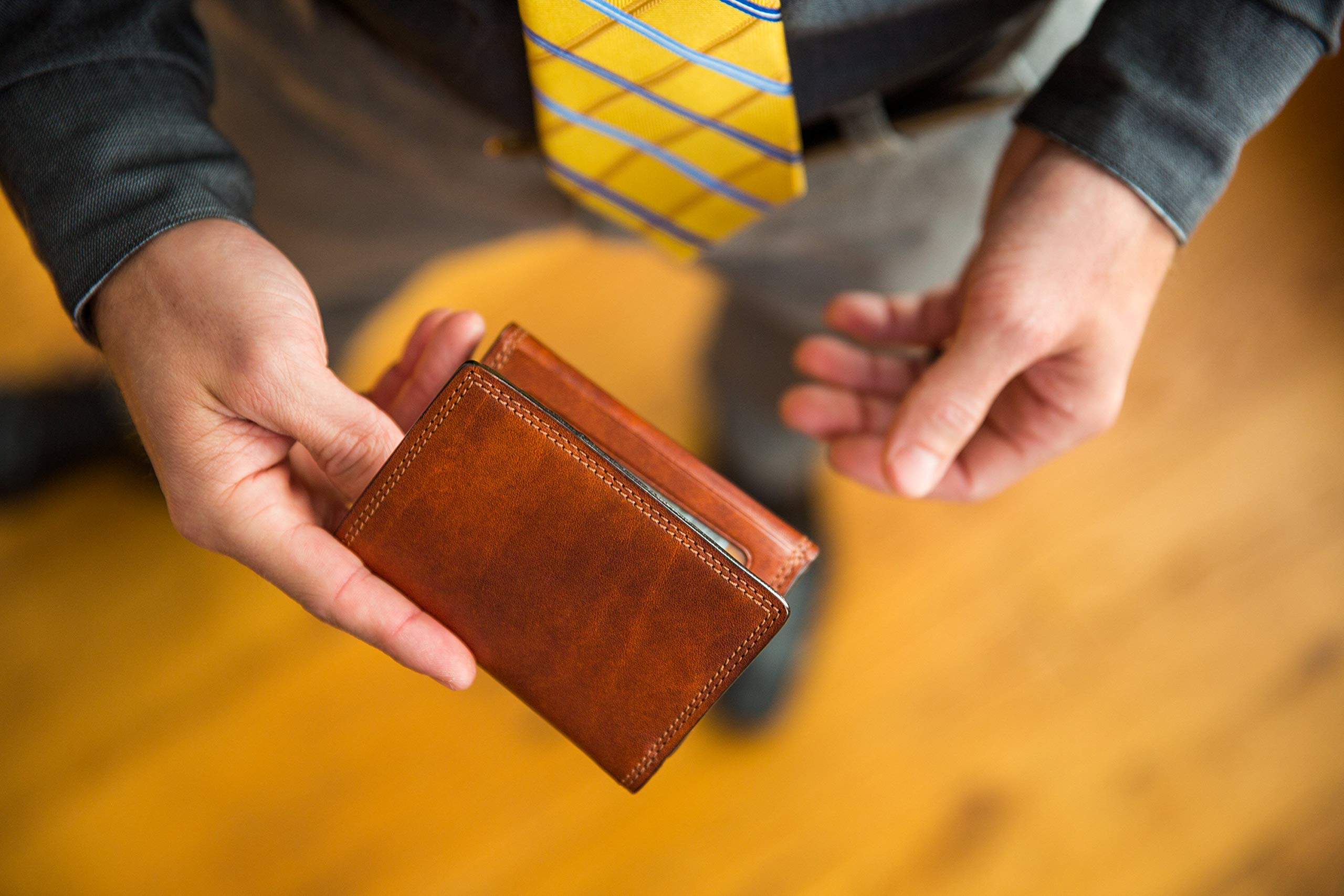 Bosca Men's Genuine Leather Tri-Fold Wallet with RFID Blocking - Slim Double ID Holder for Credit Cards & Cash - Perfect for Travel, Business & Everyday Use (Amber)