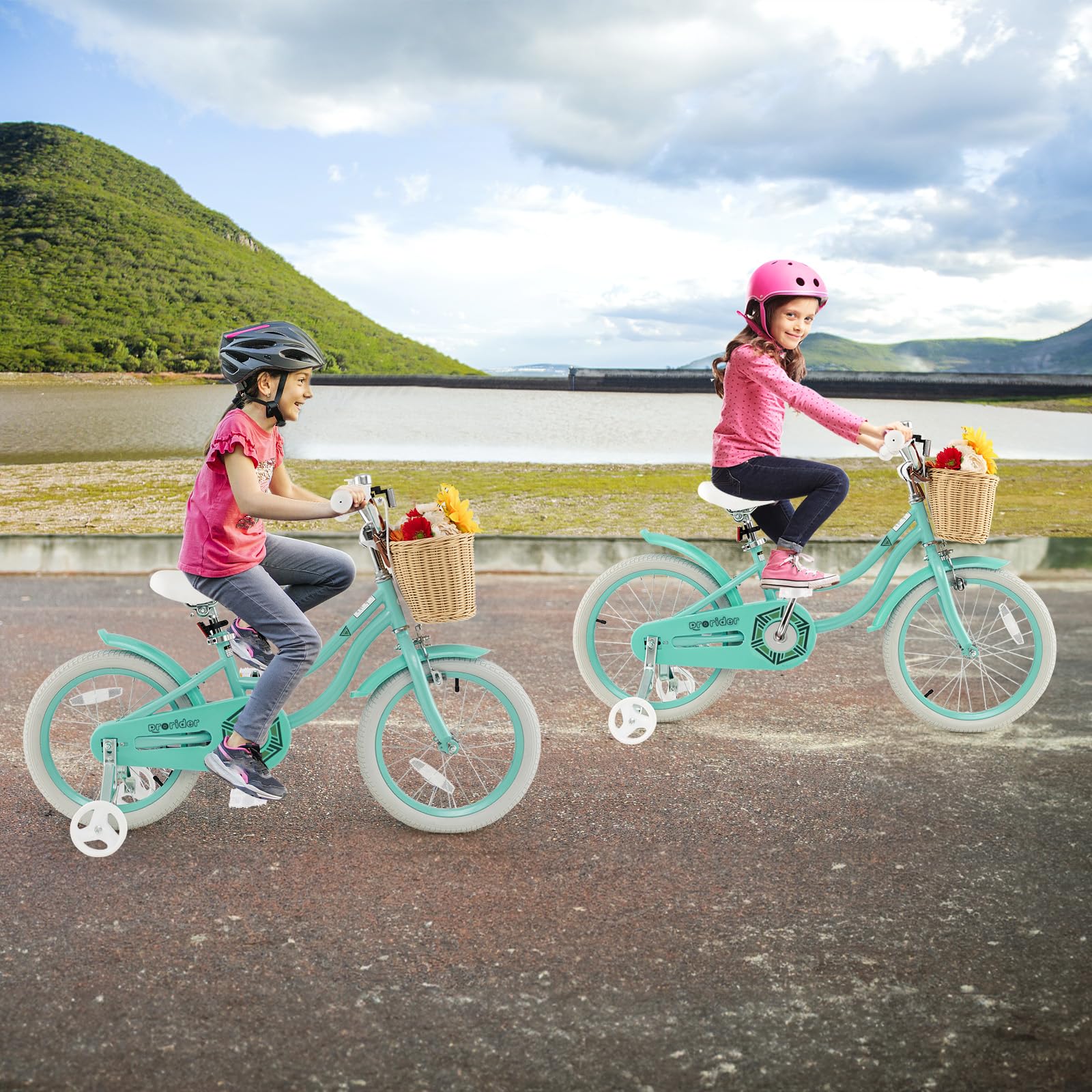 BABY JOY 14 16 18 Inch Kids Bike with Training Wheels - Adjustable Height Retro Bicycle for Boys & Girls Ages 3-8 Years Old - Includes Rattan Basket, Handbrake & Coaster Brake (Pink, Green, Blue) - Perfect for Neighborhood Rides, Park Adventures & Learning to Cycle