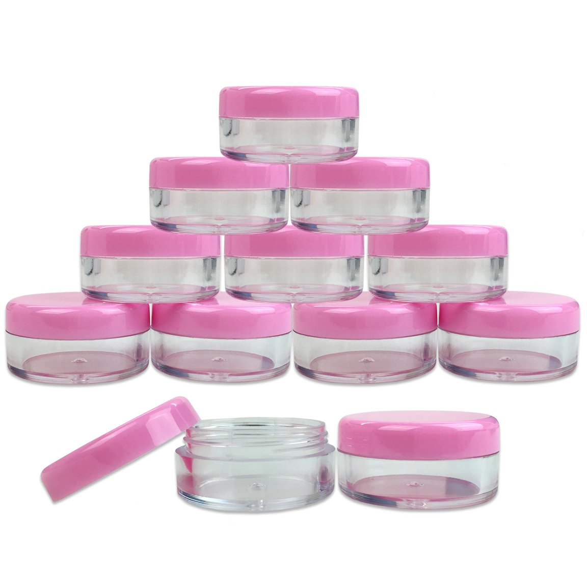150 Pcs 5G/5ML Clear Round Jars with Pink Lids - BPA Free Plastic Containers for Herbs, Spices, Tea, Coffee & Food Storage - Perfect for Pantry, Kitchen & DIY Organizing