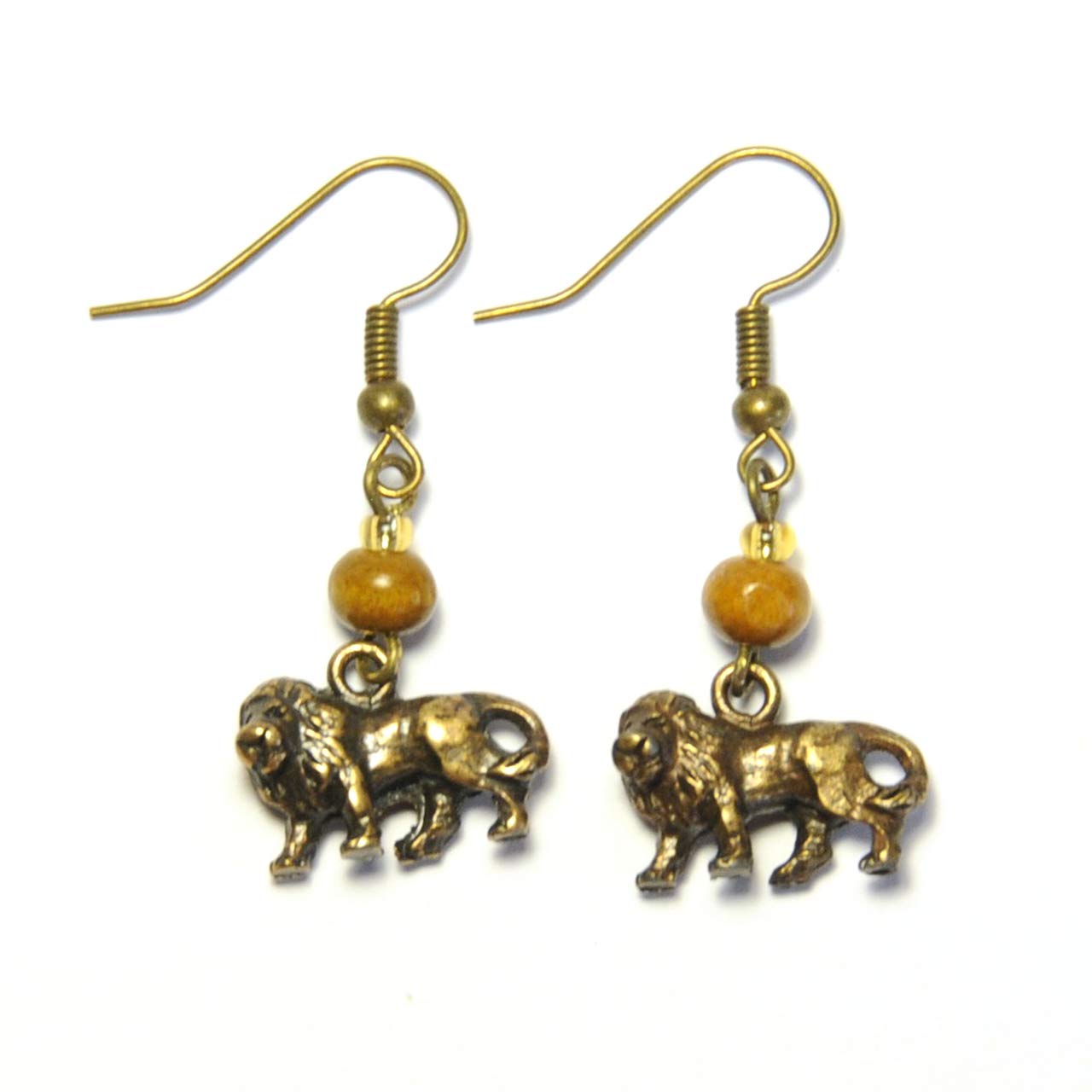 3D Lion Earrings - Double Sided Beaded Silver Bronze Brown Link Charm Jewelry | Perfect for Women's Fashion, Party Accessories & Unique Gifts